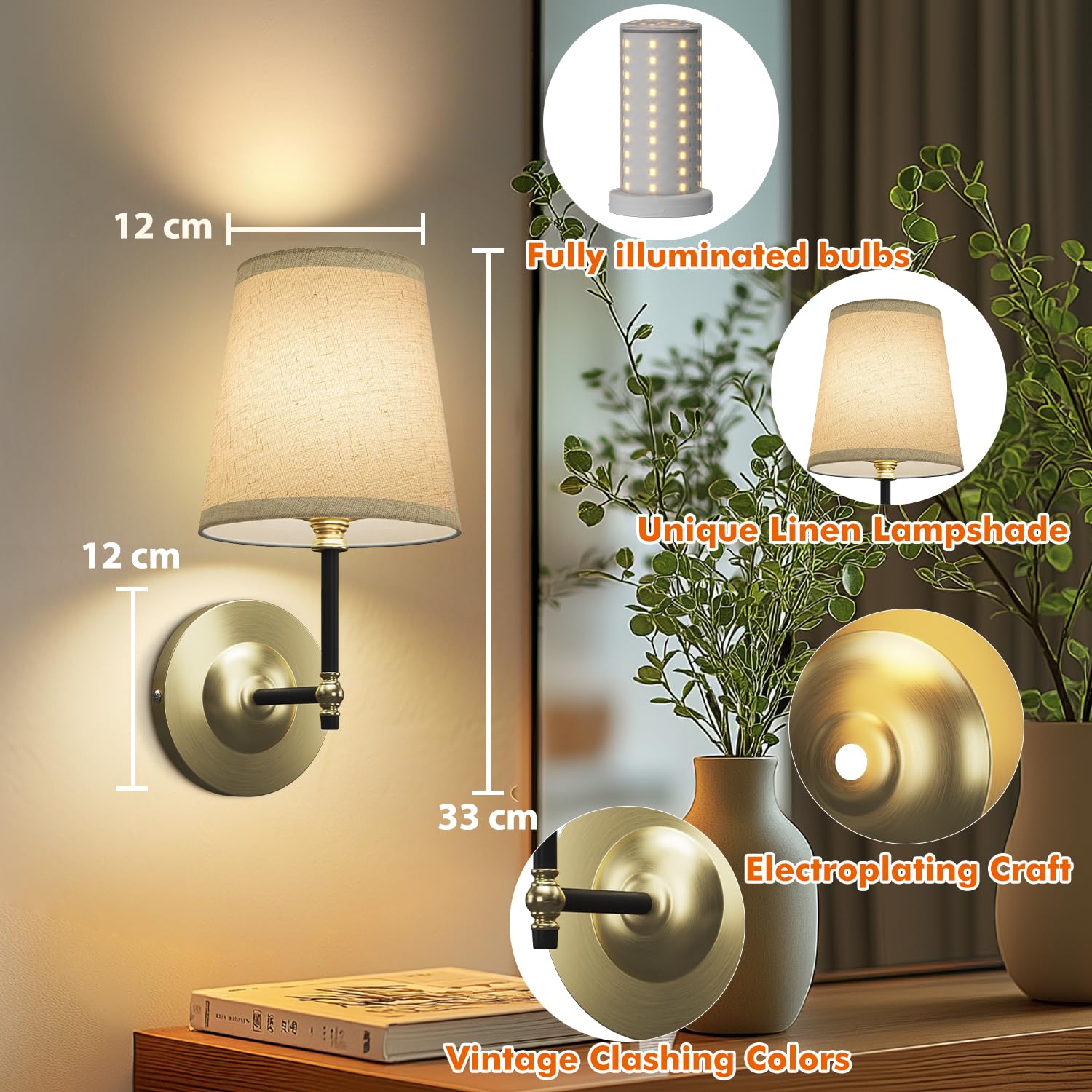 2 Stück Akku Wandleuchte Innen mit 5000 -mAh -Lampe, Batteriebetriebener Nicht Verdrahteter Wandlampe, 3 Farbtemperatur Stoffschatten Wiederaufladbare Wandleuchte für Schlafzimmer Wohnzimmer