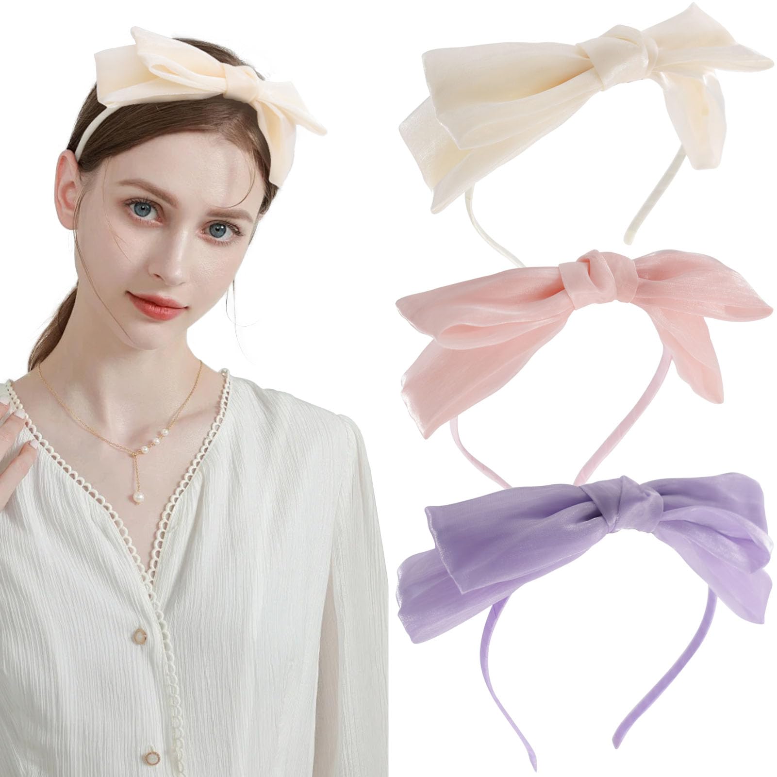Melbelia Bow Headbands for Women Knotted Headbands with Bow Fashion Bow Thin Hairbands Cute Girls Hair Hoop Turban Hair Accessories 3 Pcs Purple Pink