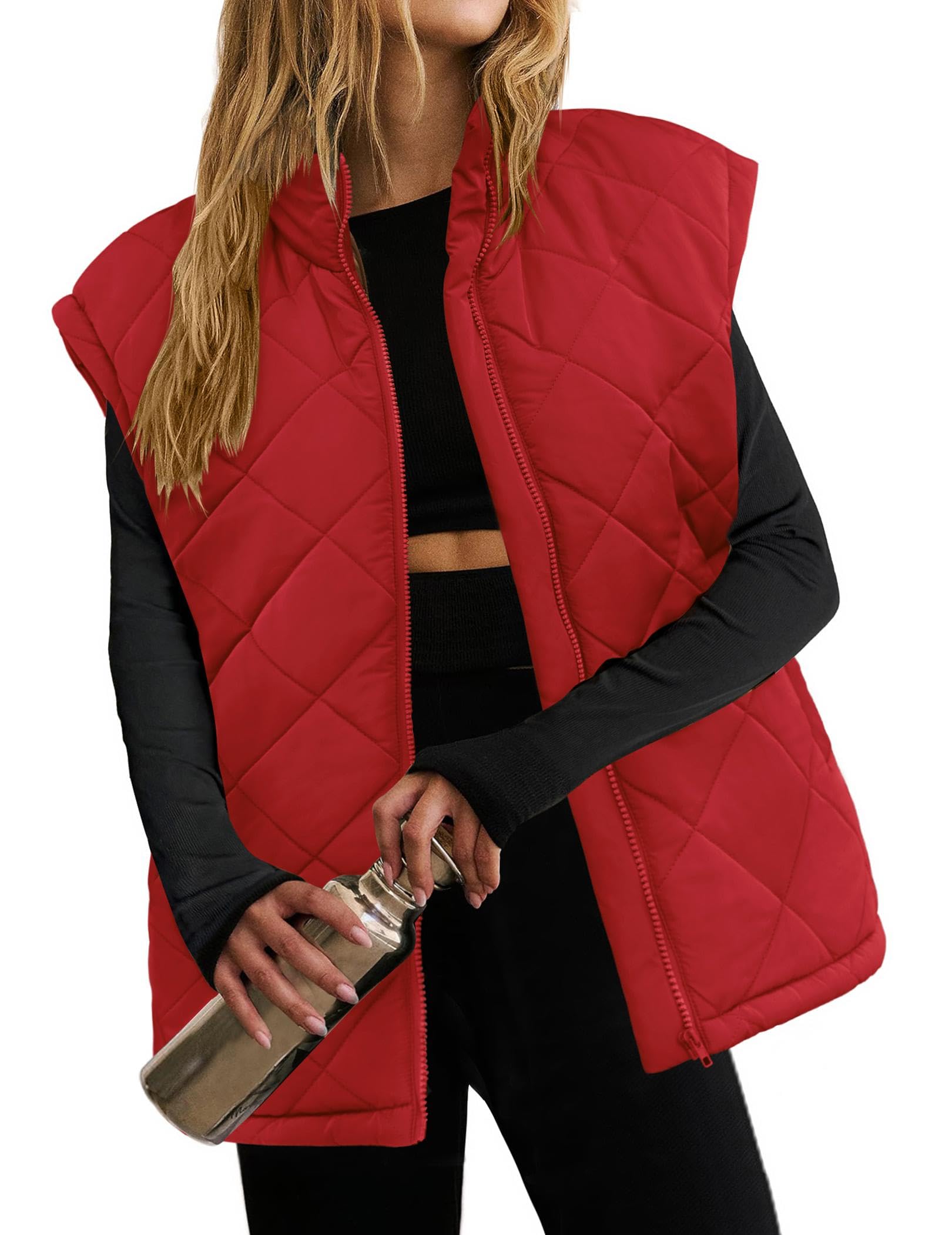 zeagoo Womens Oversized Puffer Vest Zip Up Stand Collar Lightweight Sleeveless Warm Outerwear Padded Jacket Winter Coat Red M-picture-12