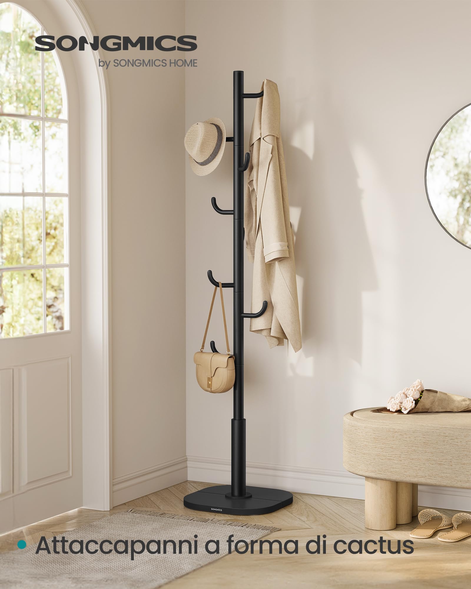 SONGMICS Attaccapanni da Terra a Forma di Cactus, Appendiabiti, 8 Ganci Curvi verso l'Alto, Altezza 175,3 cm, per Abiti Cappelli Borse, Nero Inchiostro RCR039BH01