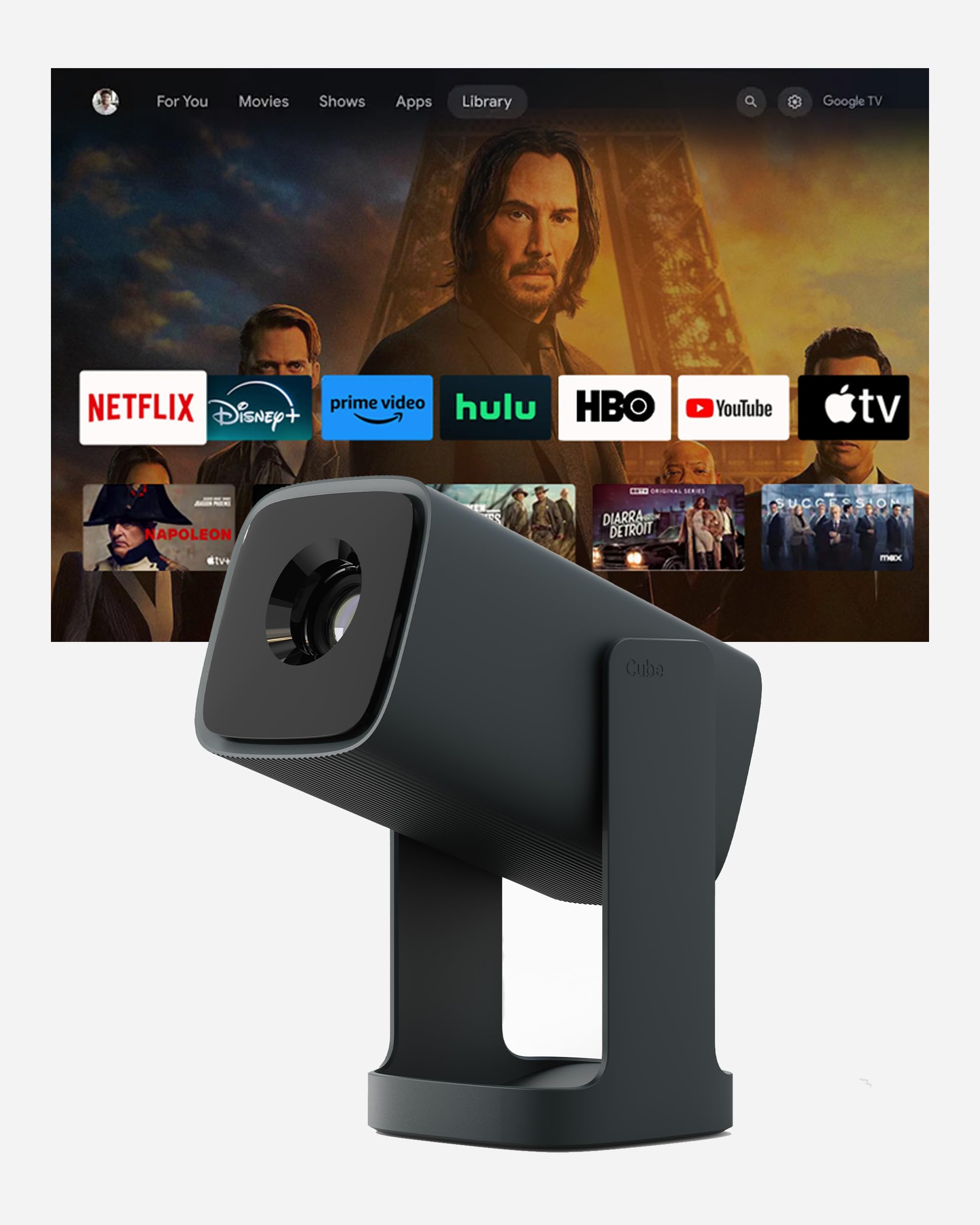 Wanbo Cube 1 Pro - Proyector Inteligente con Android TV y Google Play - Mini proyector portátil Compacto y Altavoz Bluetooth de 8 W, corrección Keystone, Cine en casa para Espacios pequeños
