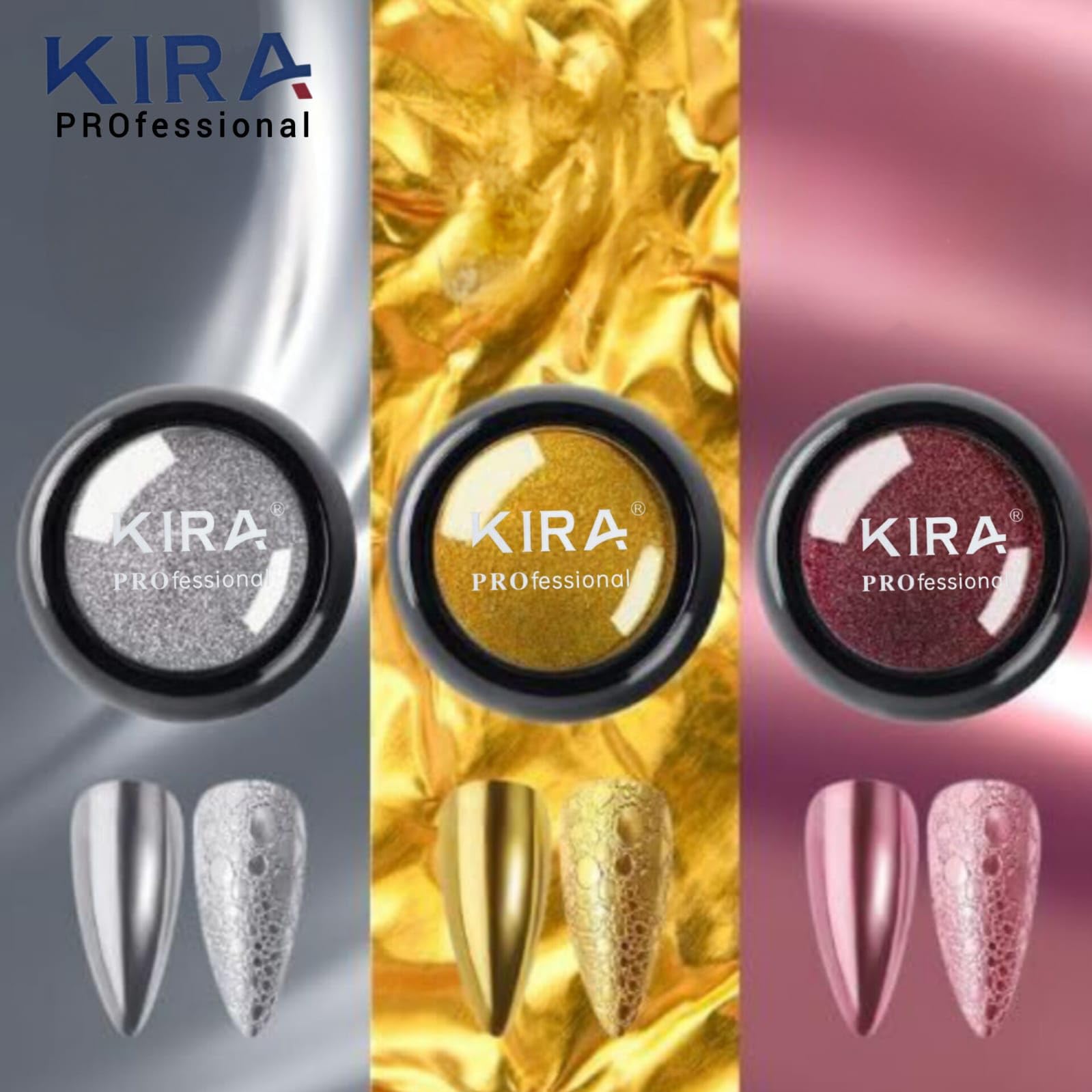 KIRA Store Colors Chrome Nail Powder Set, Reflective Glitter Metallic Mirror Effect for Nails Art Design 3D Holographic Silver Rose Gold Pigment (3- PCS, Gold - Silver- Rose Gold) - Image 5 thumbnail
