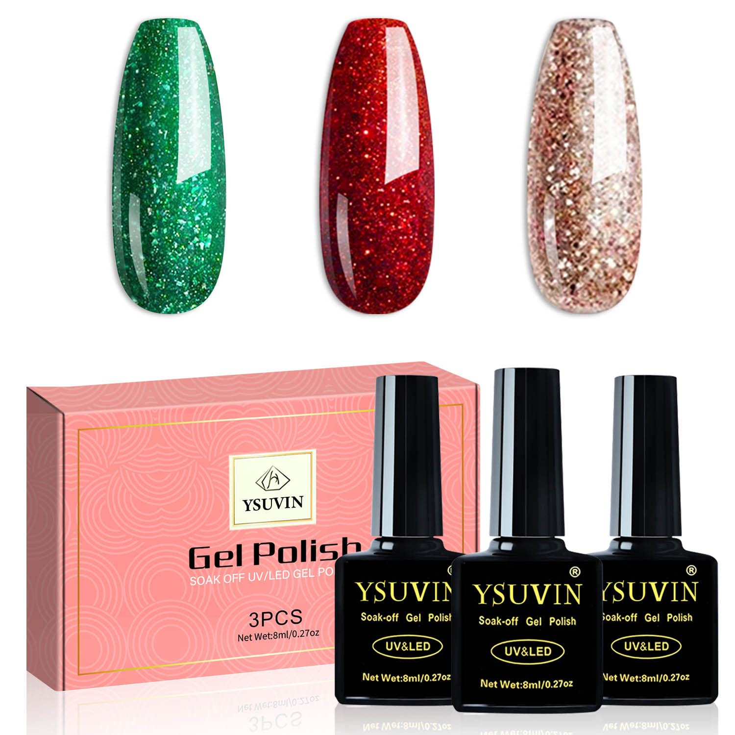 YSUVIN UV Nagellack, 3 Farben Gold Grünes Rot Weihnachts Gel Nagellack Set，Soak-off UV Gellack für Anfänger DIY Nail Art Maniküre Salon, 3x8ml