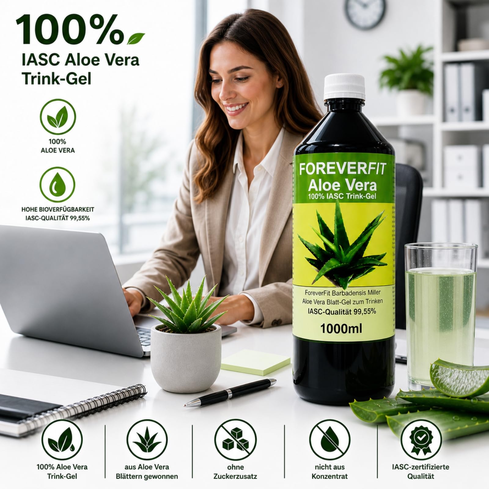 Aloe Vera Trinkgel 6 x 1000ml Barbadensis Miller Blattgel unverdünnt KEIN Saft KEIN Konzentrat OHNE künstliche Vitamine. Acemannan bis 1200mg/Liter. 30242