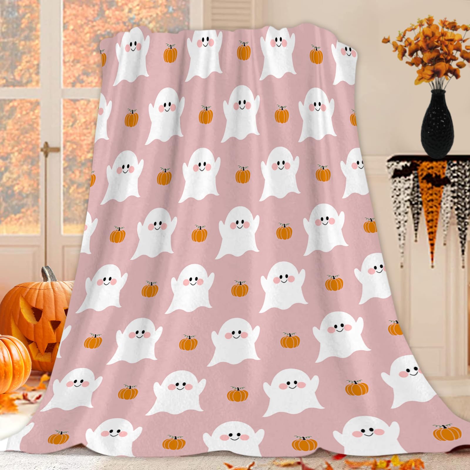 Qucarder Halloween Throw Blanket Cute Ghost Pumpkin Pink Throw Blankets Lightweight Cozy Flannel Blanket for Bedroom Living Room Couch Sofa Home Decor 60x80 Inch