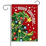 Dyrenson Merry Christmas Tree Decorative Garden Flag, Red Xmas Snow Yard Outside Home Decoration, Winter Holiday Burlap Outdoor Small Decor Double Sided 12 x 18