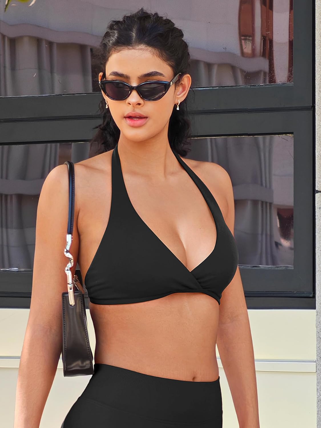VOYJOY Halter Sports Bras for Women Deep V Neck Open Back Padded Adjustable Back Straps Workout Yoga Everyday Bra Crop Top