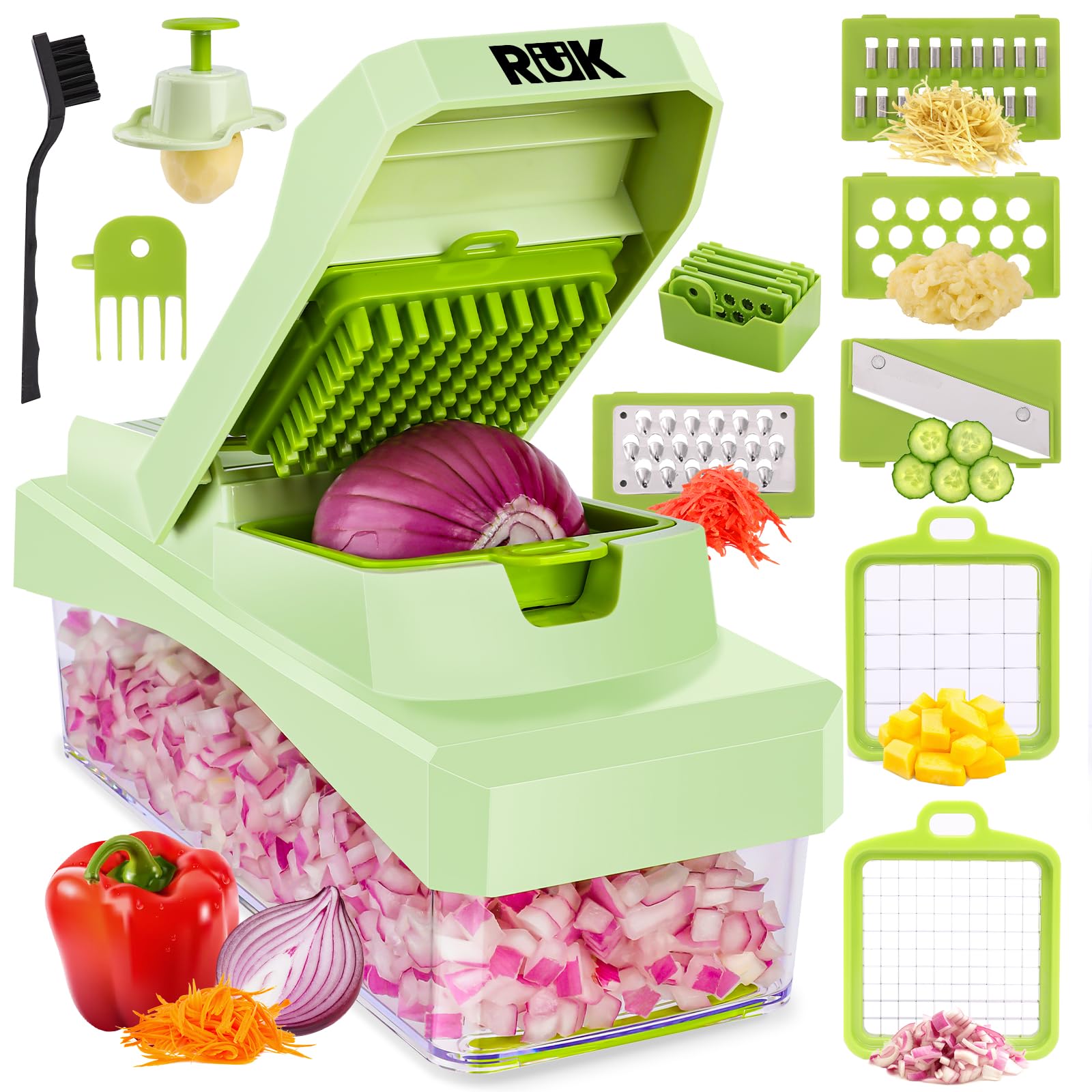 RüK Vegetable Chopper, Cheese Slicer, Food Chopper, Veggie Chopper, Onion Chopper, Salad Chopper, Mandoline Slicer Cheese Grater, Vegetable Chopper with Container, (10 in 1 - Green)