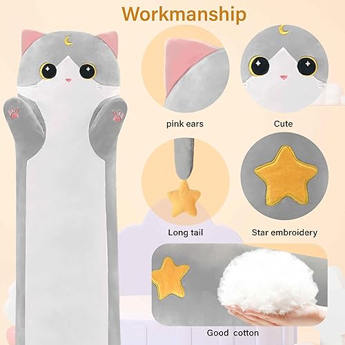 Miniatura 2 de Almohada larga de peluche de gato, 43.3 pulgadas, lindo gato gris, peluche suave, regalo de juguetes para novia.