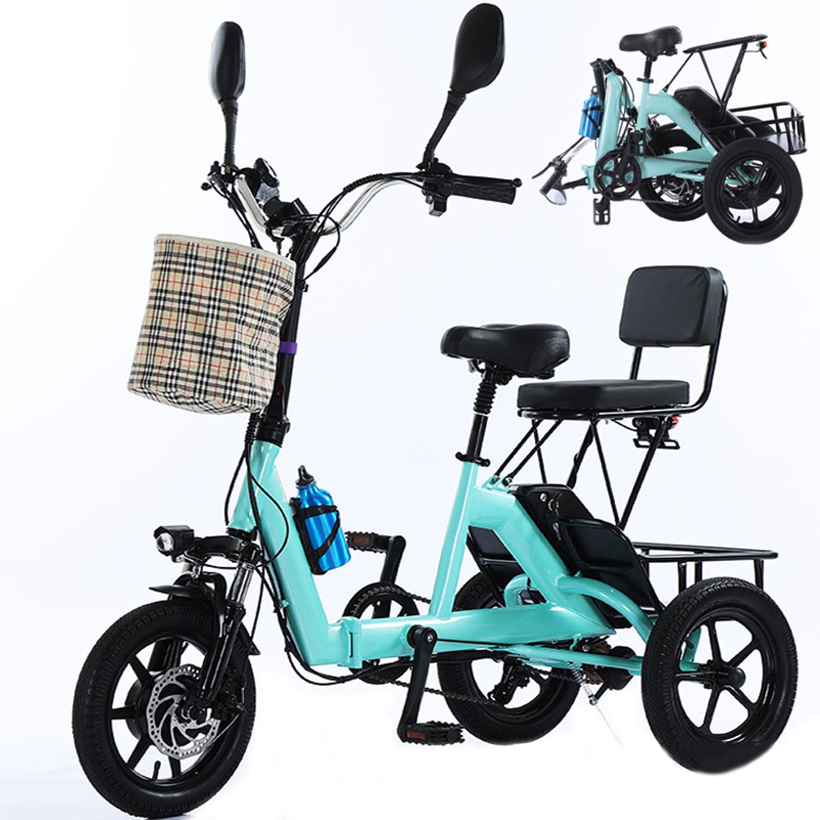 HpLNDas Folding Electric Power Tricycle for Adults, 14 Inch Three Wheel Electric Trike With Passenger Seat/Big Basket, Foldable Bicycle, 48V 10.AH Lithium Battery, Range: 45KM, Max Load: 180KG Green