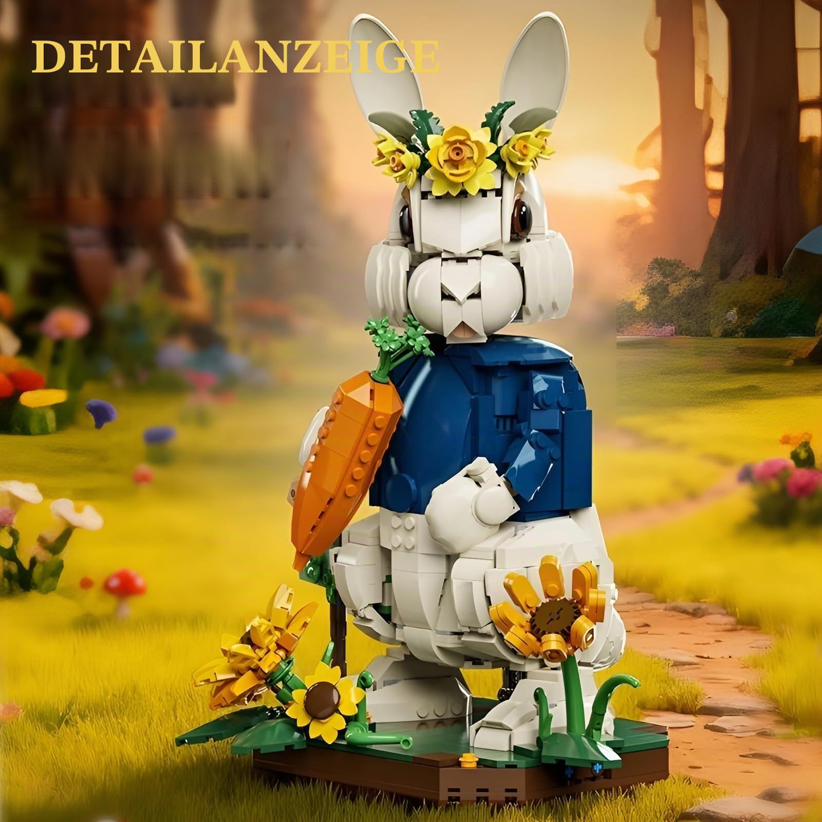 Ländliches Kaninchen Bausteine, 1252 Teilie Oster Blumen Kaninchen Klemmbausteine, Bewegliches Tier Modell mit Abnehmbarer Basis, Dekoration für das Homeoffice, Spielzeug Geschenk für Erwachsene