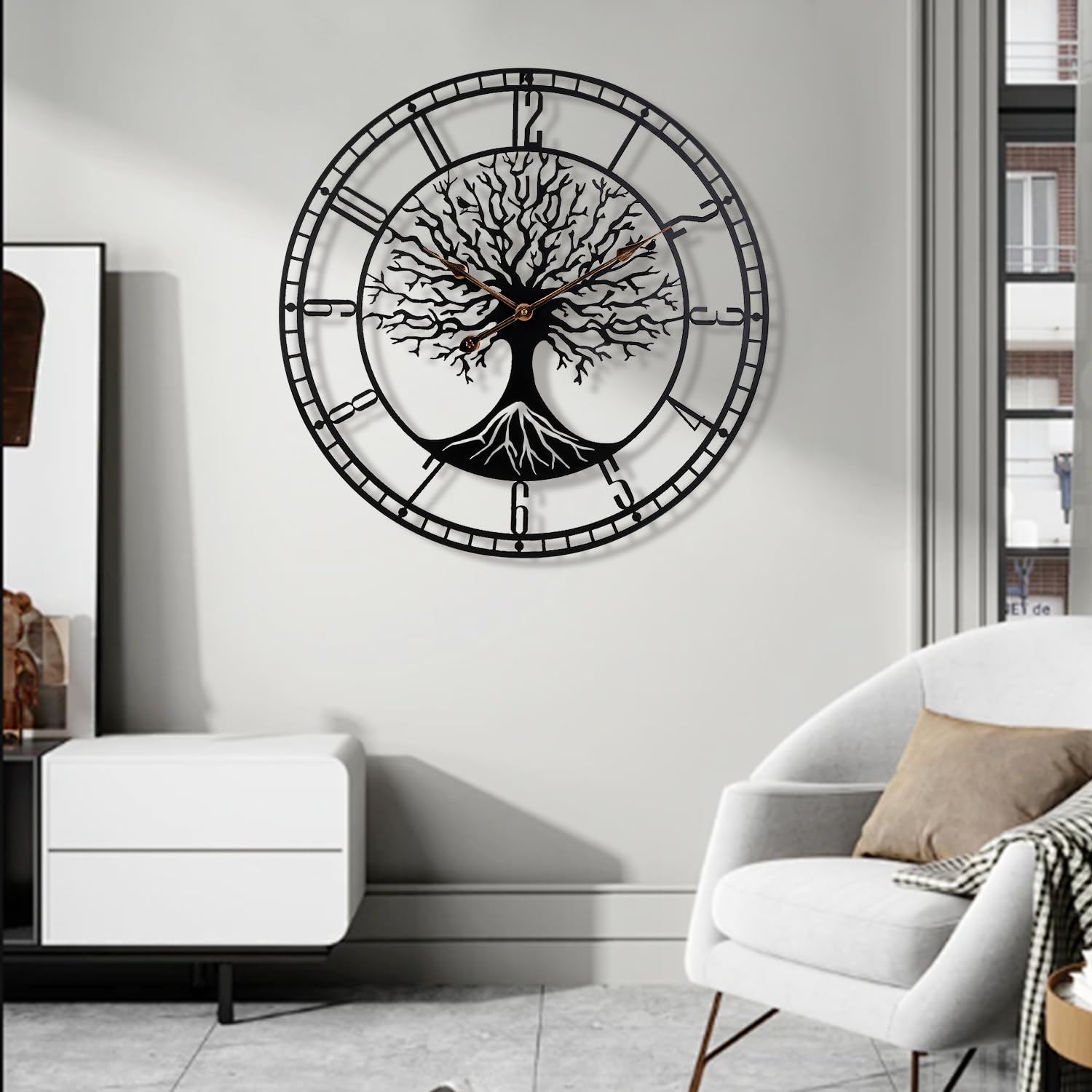 Grande albero della vita Orologio da parete in metallo nero Grande decorazione per la casa soggiorno con numeri silenziosi moderni di mezzo secolo