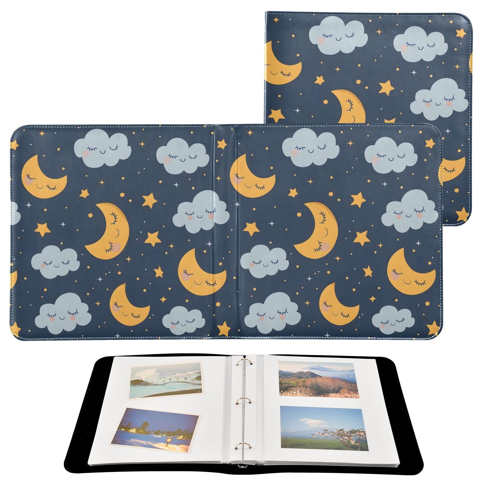 JIPONI Moon Movement on Dark Large Photo Album, DIY Leather Cover Scrapbook Albums for 4x6 5x7 6x8 Pictures, Self Adhesive Memory Book for Wedding, Baby, Family