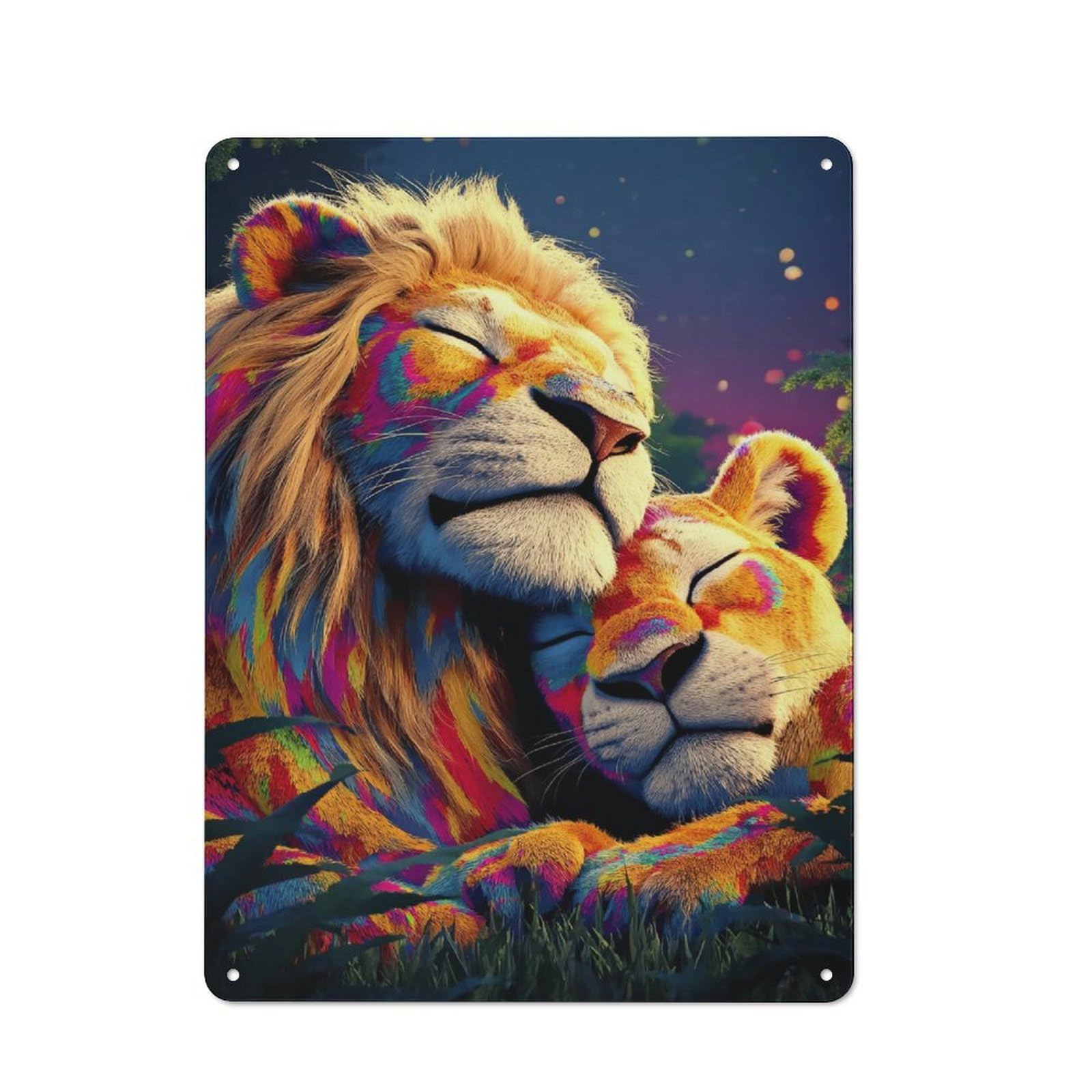 Junmoney Colorful Lion Couple In Nature Classic Metal Wall Decor 40X30cm, Decorative Tin Plaque For Cafe, Pub, Workshop Or Home Bar