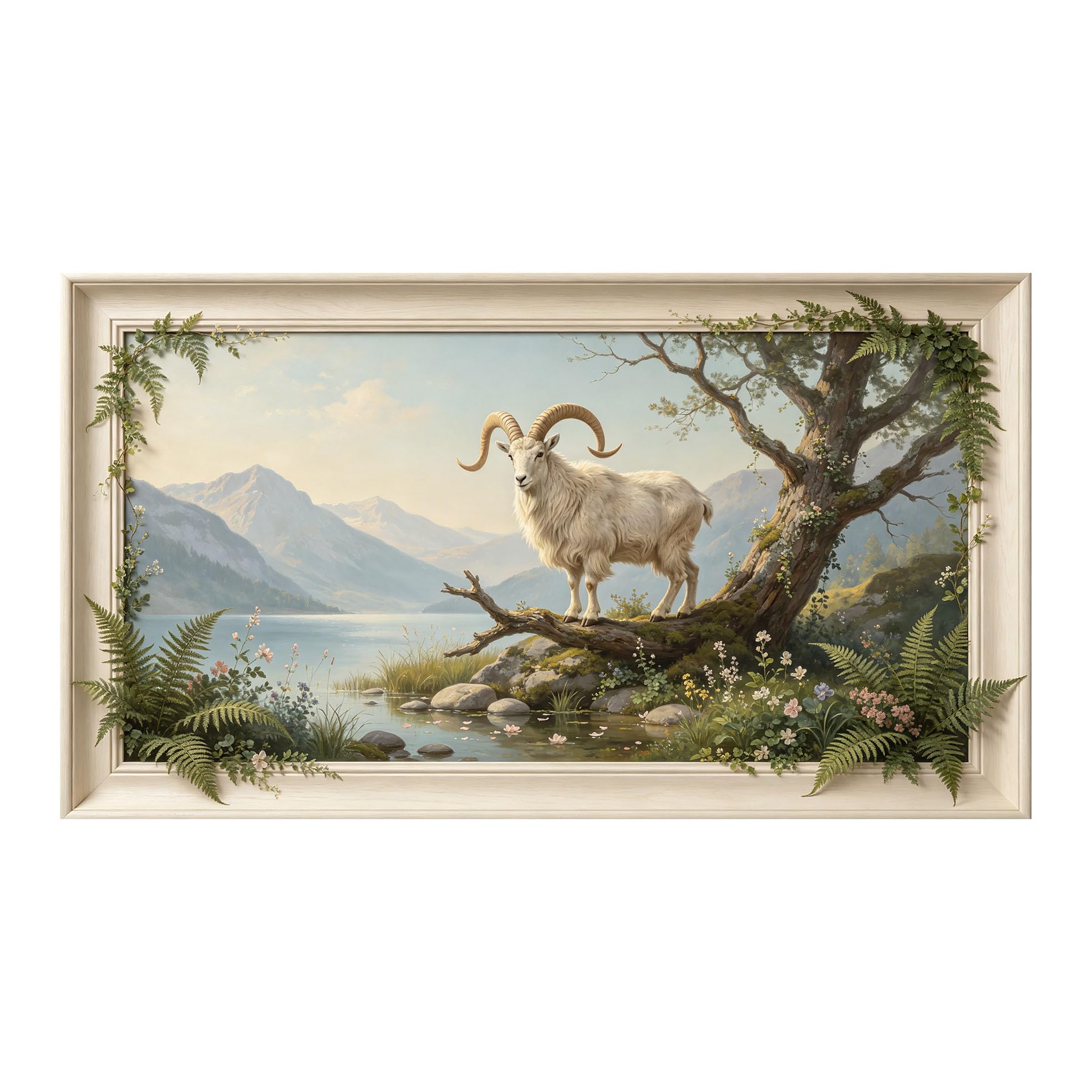 Murasolite 3D 3D Framed Wall Art 50cm×90cm Mountain Goat Lake Landscape Oil Painting SelfAdhesive Fabric Mural Wall Decor, Peel and Stick No Damage to Wall for Bedroom Living Room