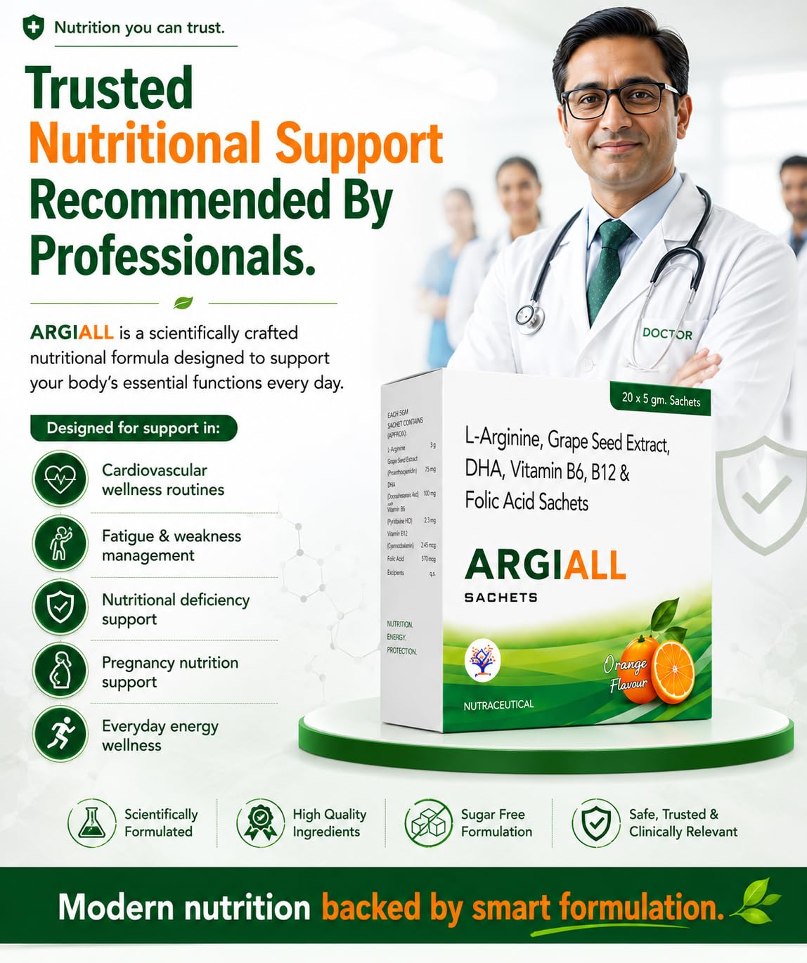 L-Arginine Sachets 3gm with DHA, Grape Seed Extract, Folic Acid, Vitamin B6 & B12 | Sugar Free Orange Flavour Energy & Circulation Drink Mix | Supports Blood Flow, Fatigue, Pregnancy Nutrition & Heart Wellness | 20 Sachets — Amazon image 8