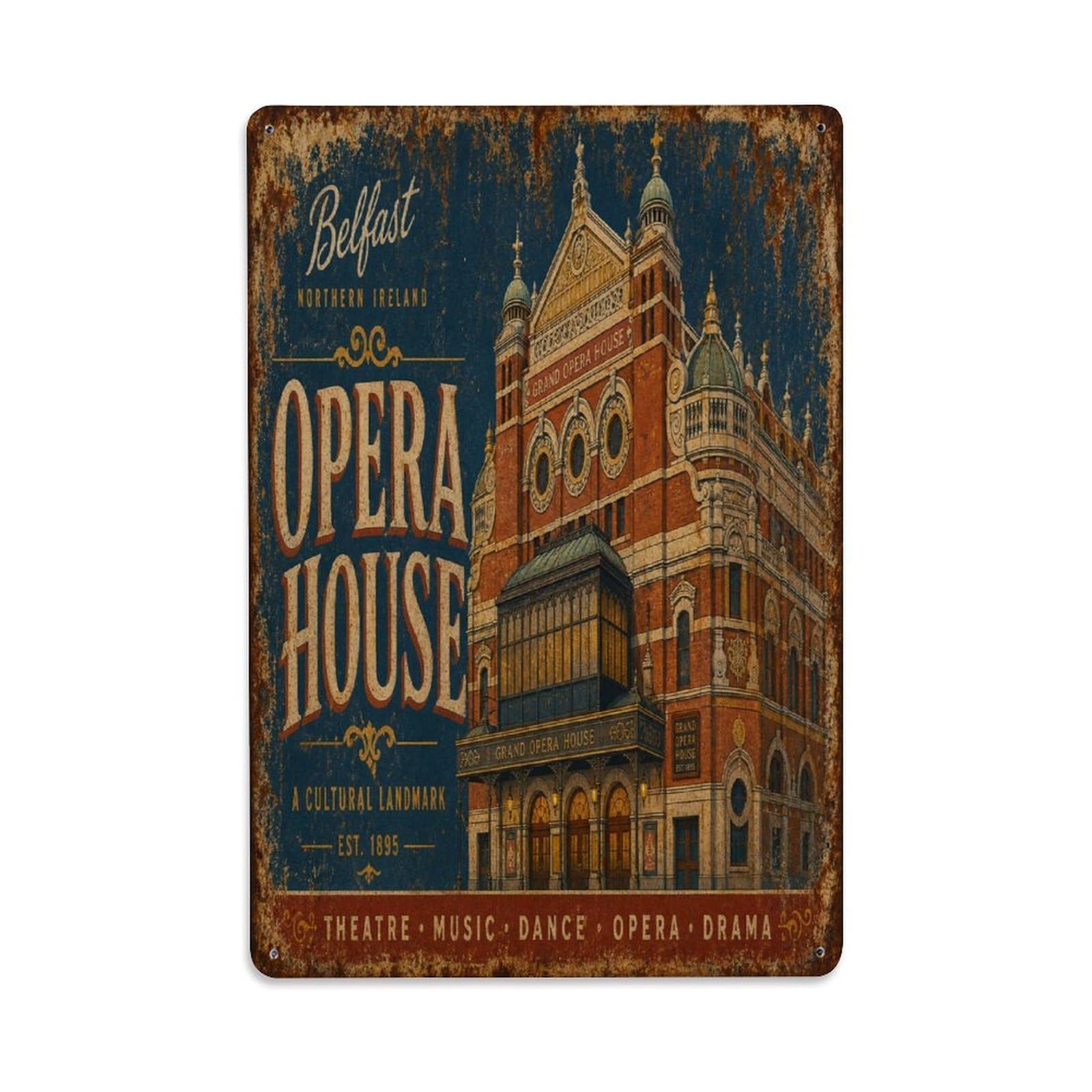 Belfast Victorian Theatre Heritage Landmark Metal Tin Sign Plaque Wall Decor for Cafe, Man Cave, Club Bar, Office, Home Garden Round Metal Poster 8x12Inch