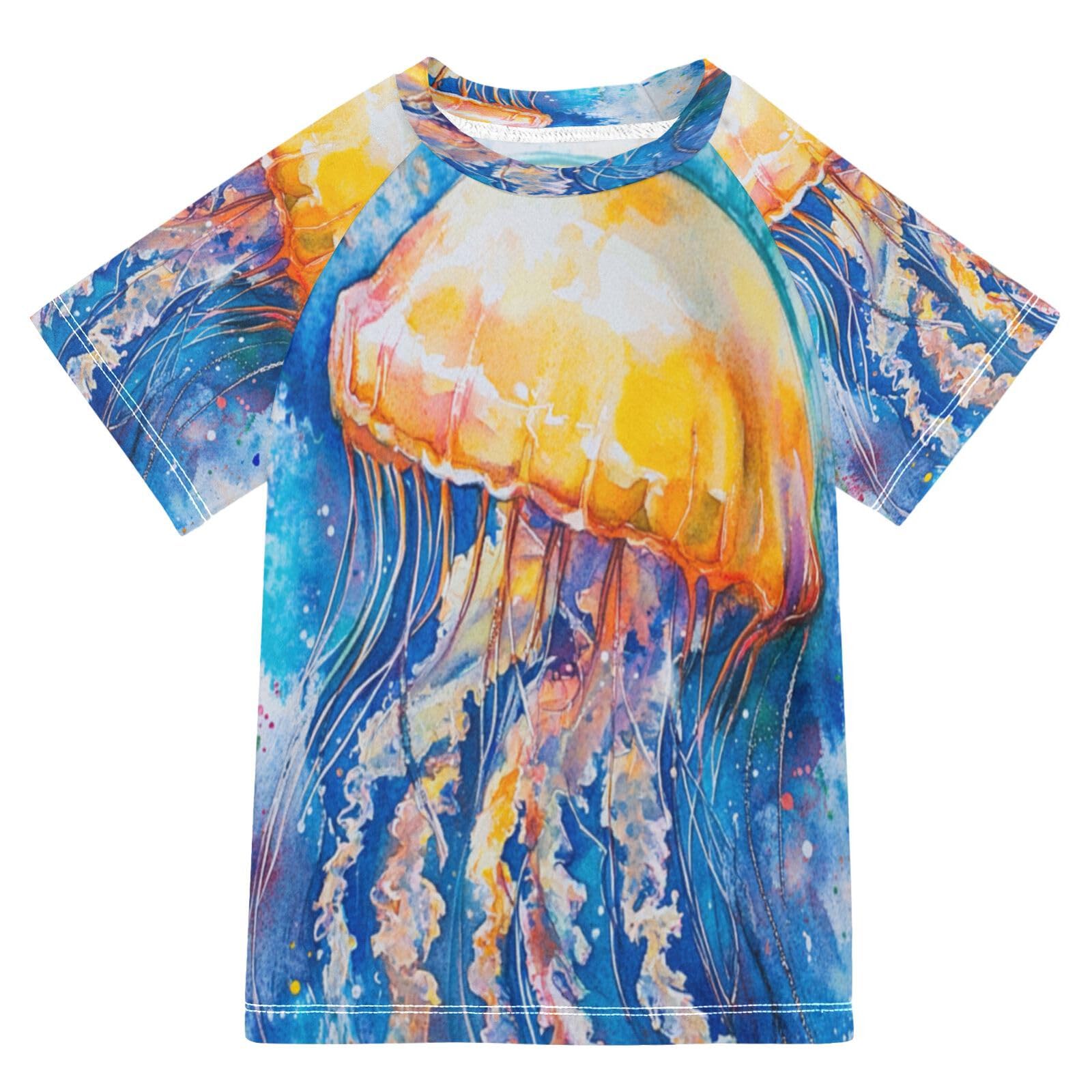 Boys Sun Shirts UV Protection Short Sleeve Rash Guard Swim Shirt Cartoon Jellyfish Water Shirt Rashguard 11-12T,7