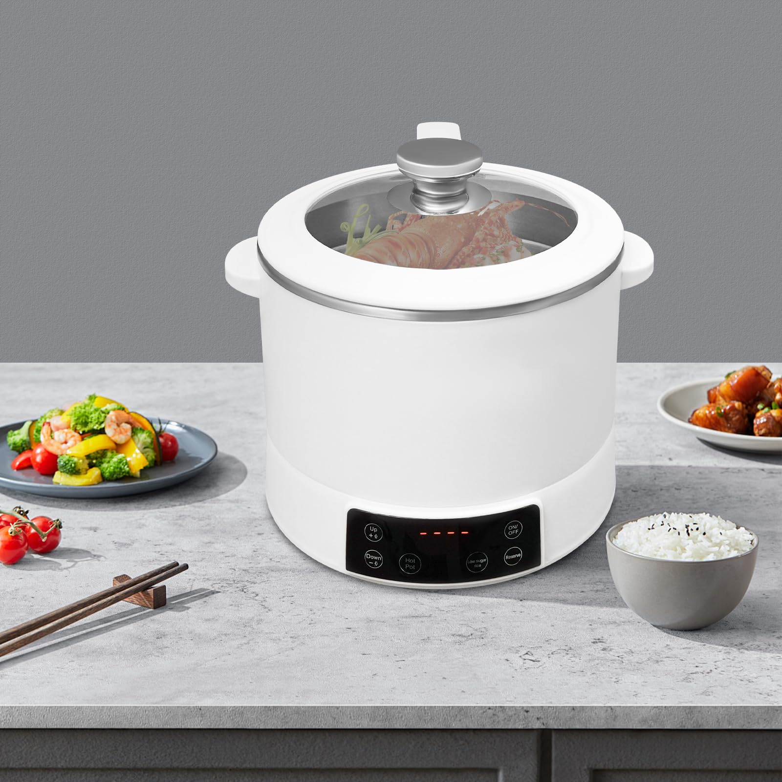 Low Sugar Reiskocher 3L geeignet für 1-3 Personen Rice Cooker mit Messbecher & Reislöffel 1500W Einstellbare Leistung 12H Reservierungszeit (Weiß)