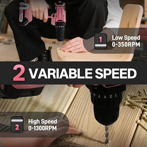 Miniatura 5 de COMOWARE Juego de taladro inalámbrico, taladro eléctrico de 20 V, juego de taladro rosa para mujer, 1 batería y cargador, portabrocas sin llave de