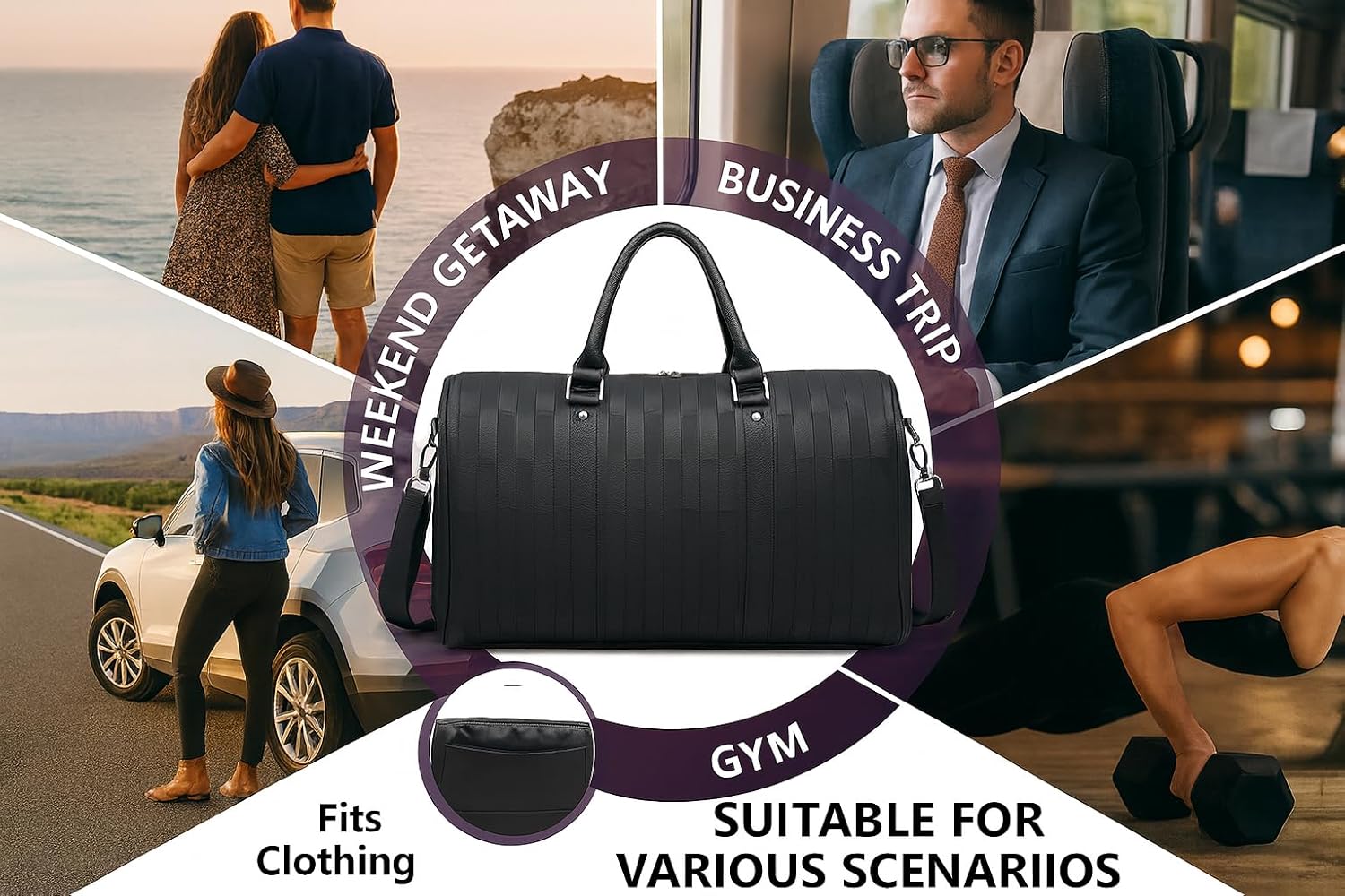 Luxury Black Woven Leather Weekender Duffel Bag – Men Women Travel Carry-On, Large Overnight Bag with Handles & Adjustable Shoulder Strap. - Image 7