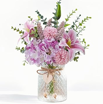 Faux Flowers with Vase, Artificial Silk Flowers in Vase for Mom Gifts, Fake Pink Lily, Hydrangea and Dandelion, Arrangement for Home Spring & Summer Decor Dining Coffee Table Centerpiece Decorations