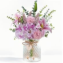 Faux Flowers with Vase, Artificial Silk Flowers in Vase for Mom Gifts, Fake Pink Lily, Hydrangea and Dandelion, Arrangement for Home Spring & Summer Decor Dining Coffee Table Centerpiece Decorations