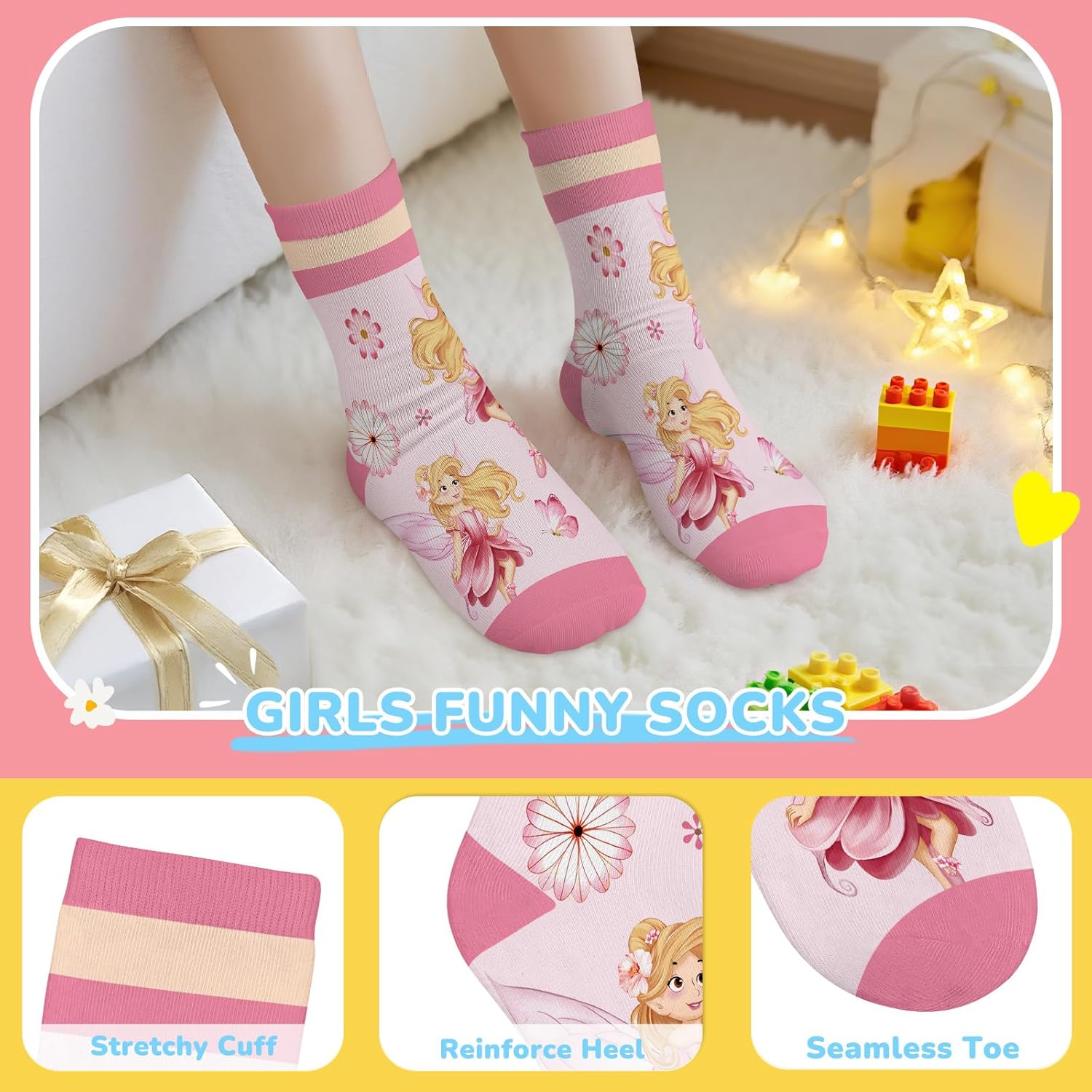 6 Pairs Kids Girls Socks Funny Cartoon Pink Fairy Flower Butterfly White Breathable Crew Sock aged for 1-7 Years - Image 4