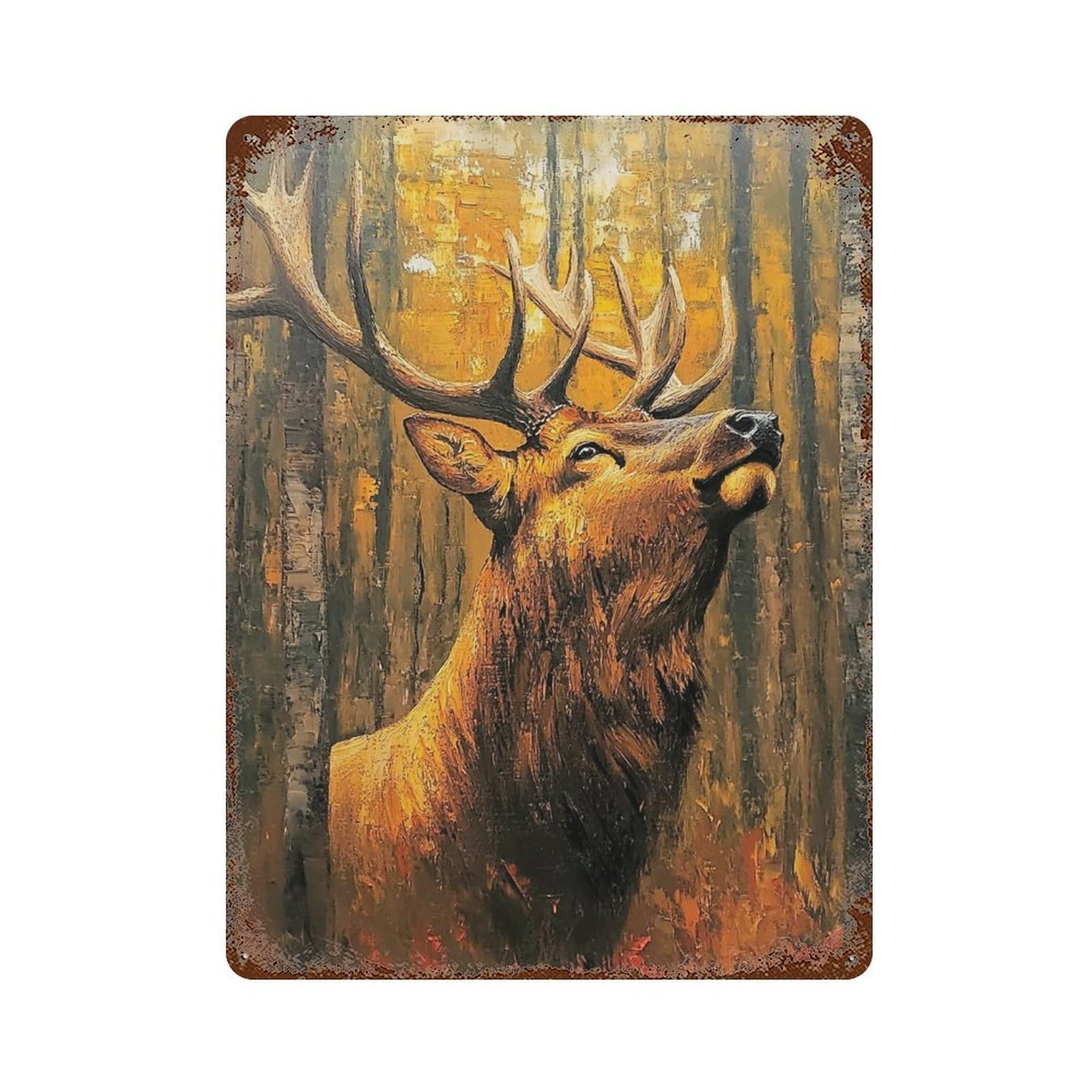 Distressed Metal Wall Sign Elk Painting Forest Scene 15.7"x11.8", Retro Wall Decor for Basement, Hobby Room And Garage Decor