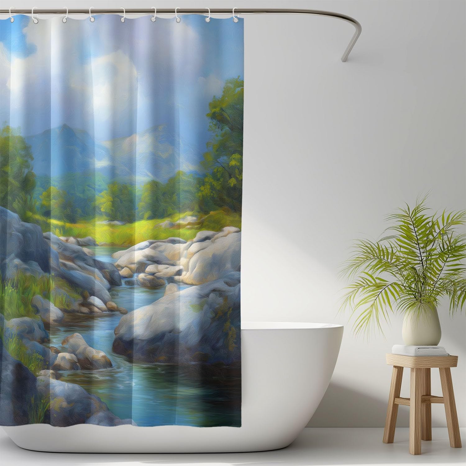 Cortina de ducha natural para paisaje, cortina de ducha, 180 x 200 cm, antimoho, tela lavable, naturaleza salvaje, río, sinuoso, rocas, baño, bañera, con ganchos, azul
