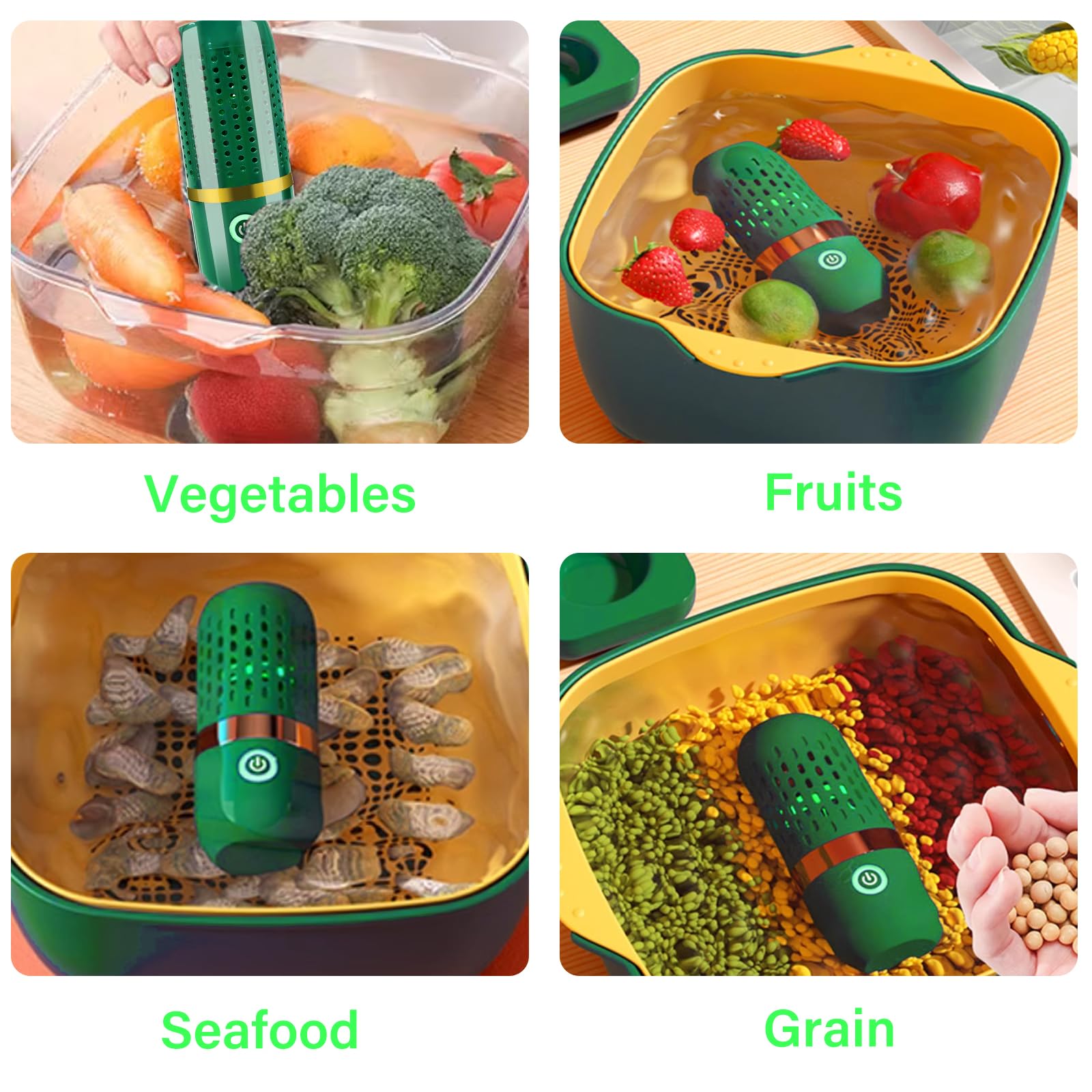 Purificador de Frutas y Verduras, inalámbrico USB Purificador portátil para carnes, mariscos, frutas y verduras, Alimentos purificador de desinfección de la máquina para uso domés(Verde)