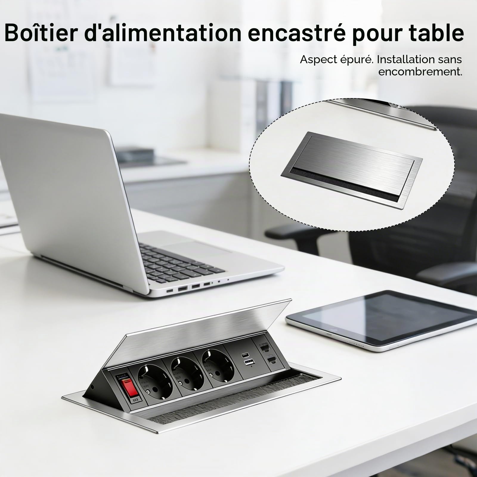 Multiprise Encastrable, Aluminium Prise Encastrable 3 Prises avec Types C, USB et 2 CAT6, Bloc Prise Escamotable avec Interrupteur pour Cuisines Bureaux Salle de Réunion, 1.8M Câble