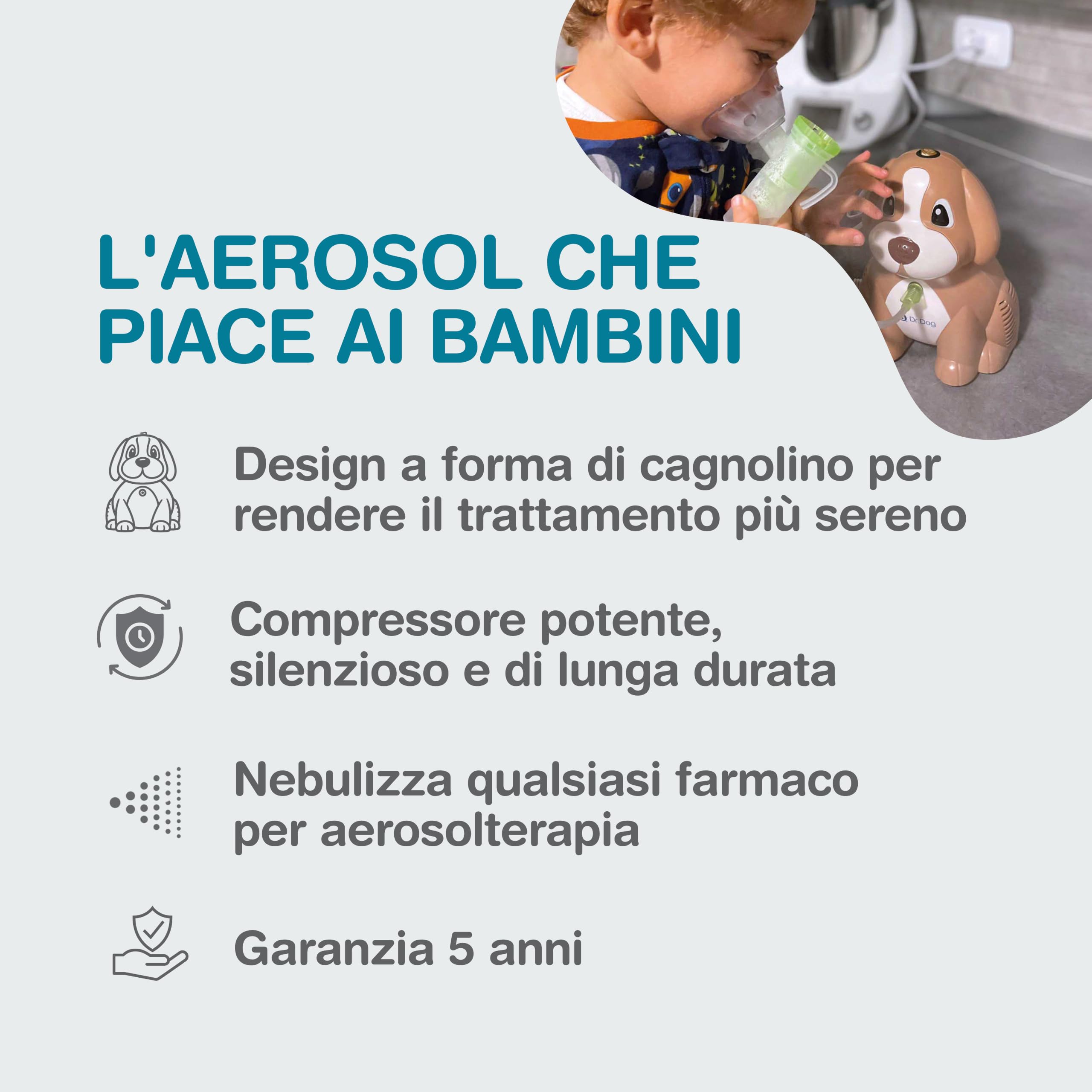J BIMBI Dr. Dog Brown Aerosol Pediatrico per Bambini, Nebulizzatore Cagnolino Silenzioso per Aerosolterapia | Ideale per i bambini