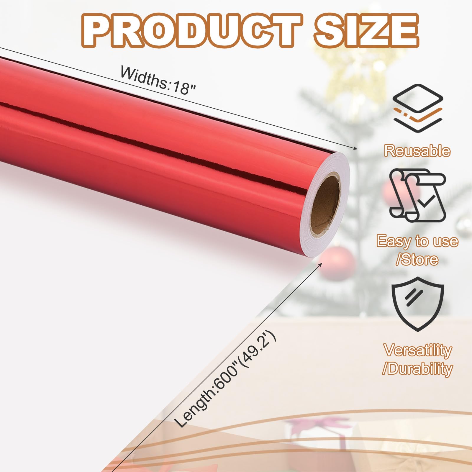 PATIKIL Papier Métallisé18 Pouces x 600 Pouces (49.2 Pieds) Rouleau De Papier Métallisé Mat Cadeau 120 GSM Pour Cadeau Noël Mariage Anniversaire Femmes HommesRouge