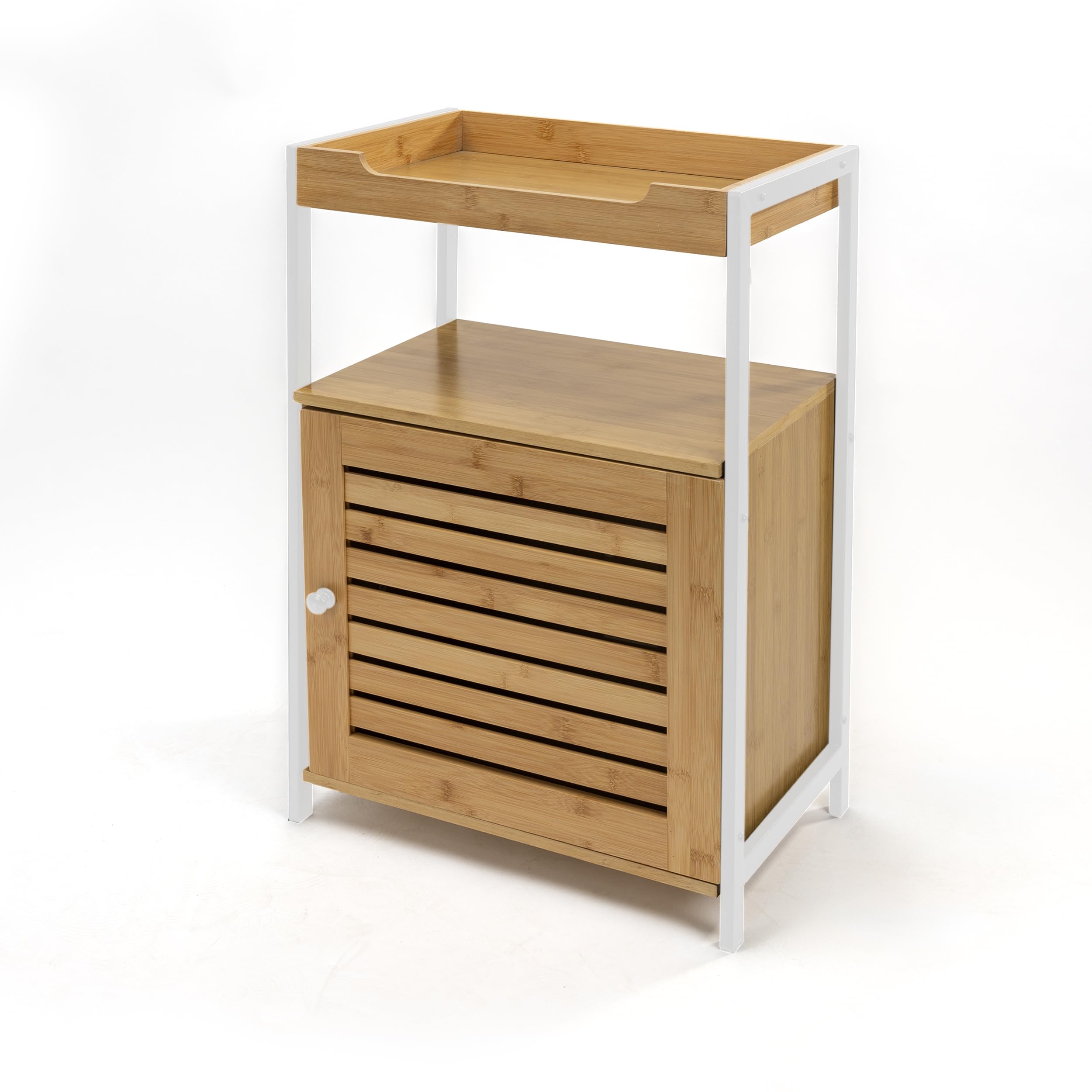 Mueble para Baño Blanco XZ-22167-1 con 1 Armario, 1 Puerta y 2 Estantes, Estantería Compacta de Bambú y Metal 40.5x30x70cm – Organizador Duradero y Elegante
