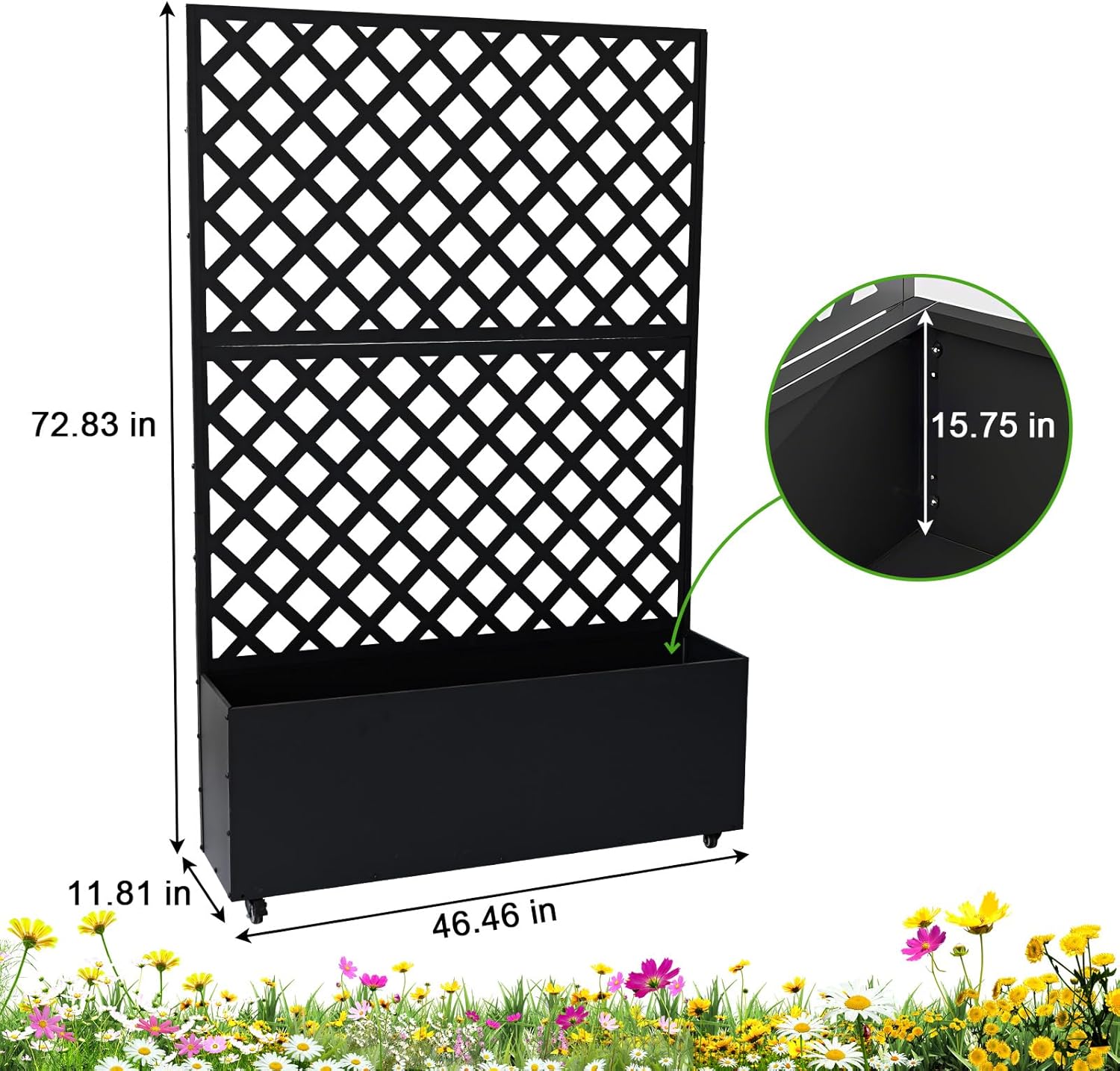 Garvee Metal Planter Box with Trellis, 72.83"x46.46"x11.81" Raised Garden Beds with Trellis and Wheels for Climbing Plants Vegetables, Privacy Screen Planter Box with Drainage Holes for Patio Balcony