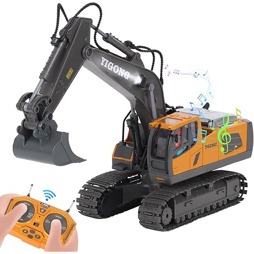 HuiJuKeJi 11-Channel Remote Control Excavator Toy, Rechargeable 2.4 GHz RC Construction Vehicle for Kids, 680° Rotation | Metal Shovel | Lights & Sounds, for Boys Ages 6-12
