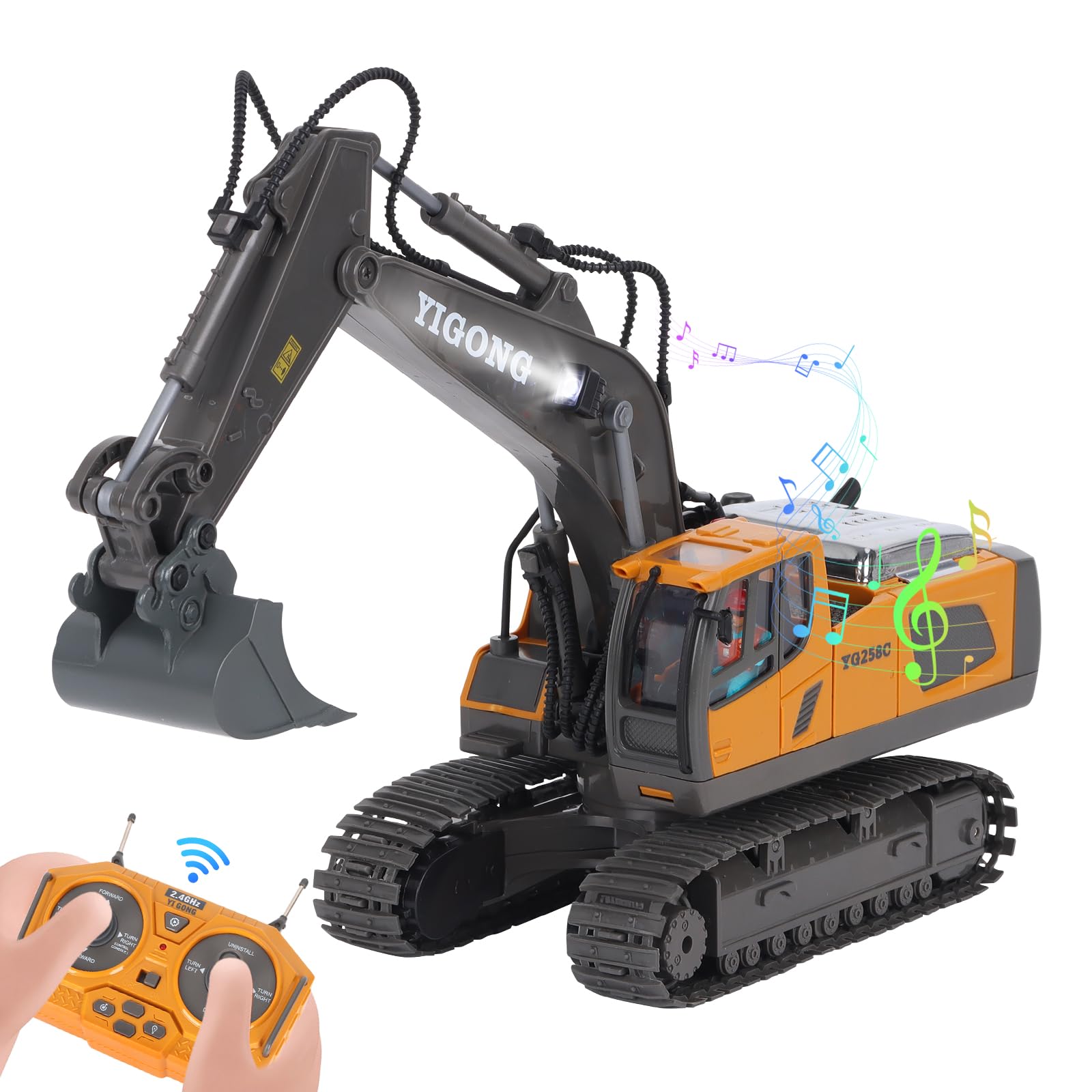 HuiJuKeJi 11-Channel Remote Control Excavator Toy, Rechargeable 2.4 GHz RC Construction Vehicle for Kids, 680° Rotation | Metal Shovel | Lights & Sounds, for Boys Ages 6-12
