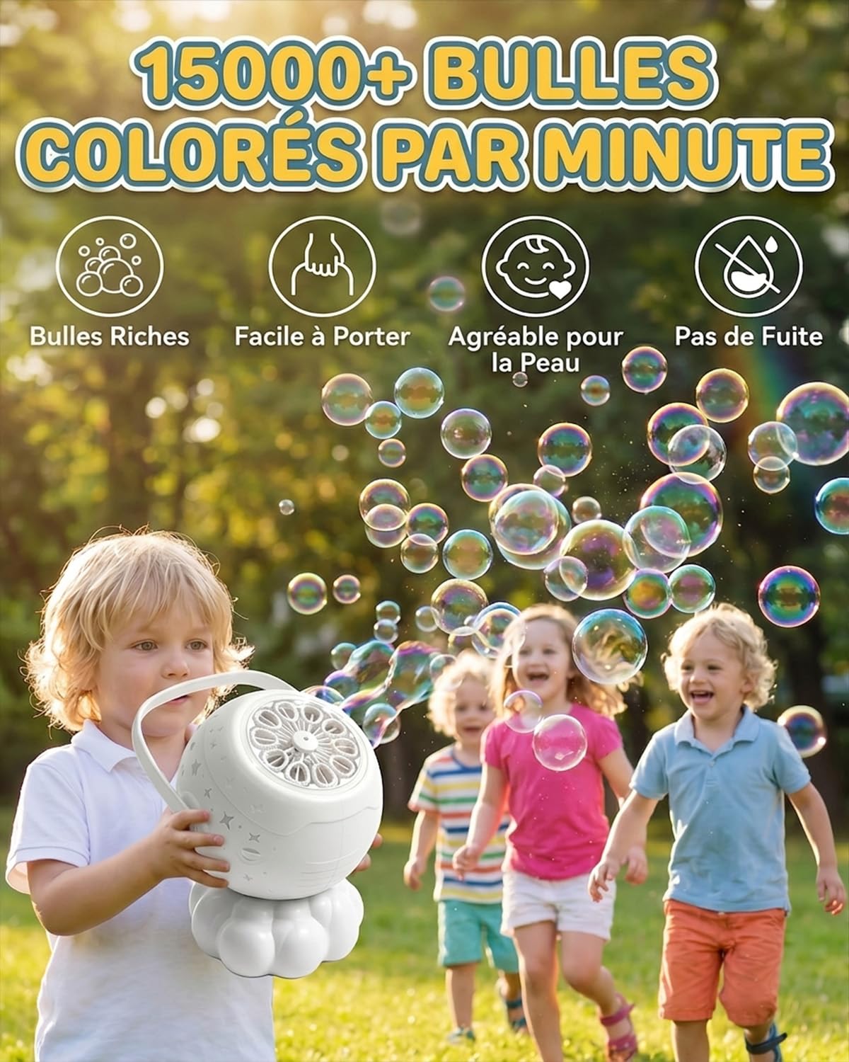 Machine Bulles pour Enfant Design Nuage Étoilé avec LED, Pistolet à Bulles Automatique, Machine à Bulles Rechargeable avec Poignée de Transport Intégrée, Pistolet à Bulles pour Enfant,Bubble Go Cadeau