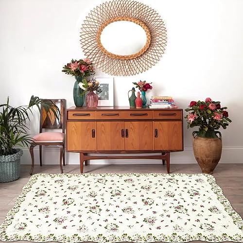 Miniatura 6 de USTIDE Alfombra de algodón natural de 3 x 5 con diseño de flores de rosas, capullos de flores de rosas desgastadas, lavable a máquina, para