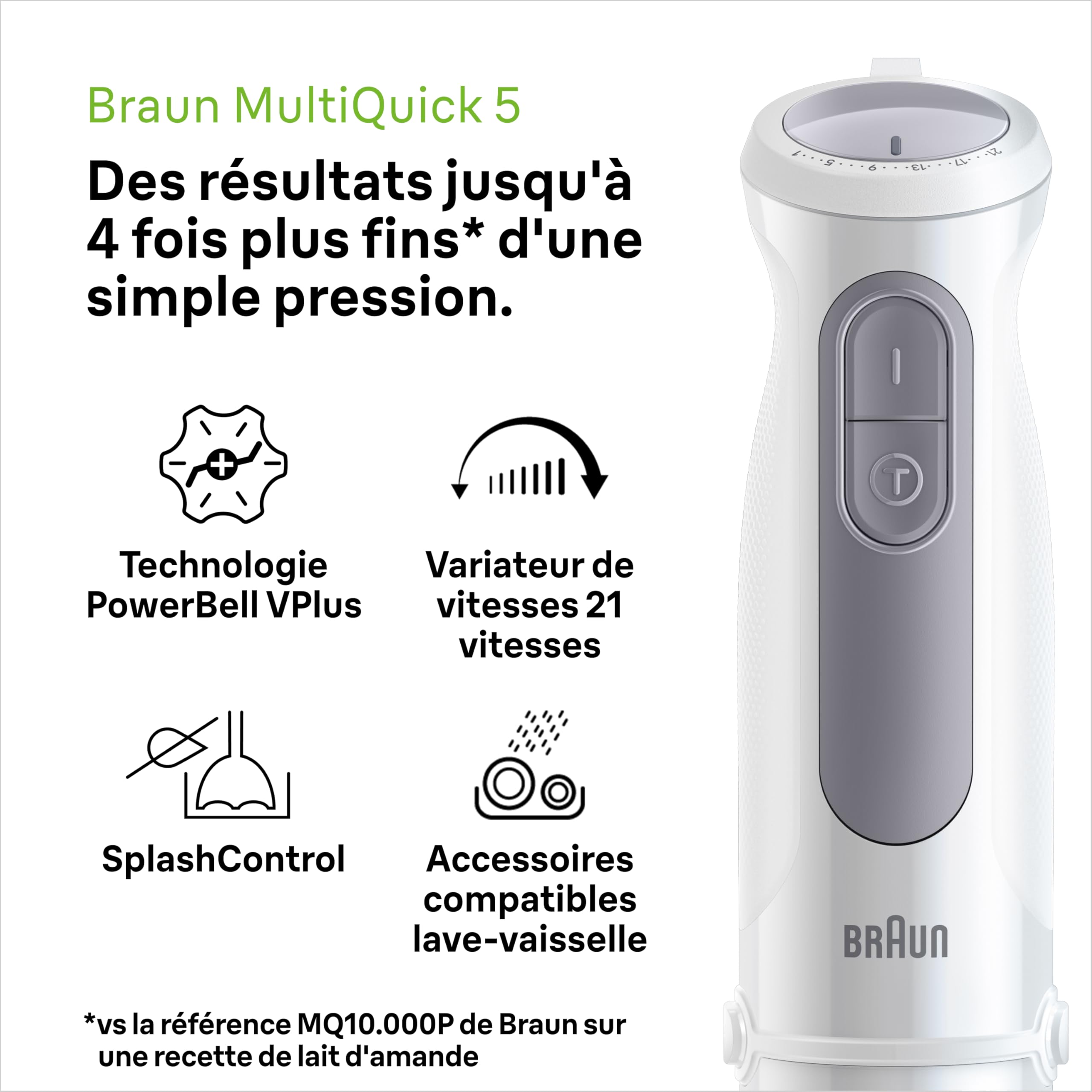Braun MultiQuick 5 - Mixeur Plongeant avec mini hachoir et Fouet pour Soupes, Smoothies et Milkshakes, 21 Vitesses + Turbo, mini hachoir 500ml, Verre Doseur 600ml, 1000W, Blanc (MQ50236M)
