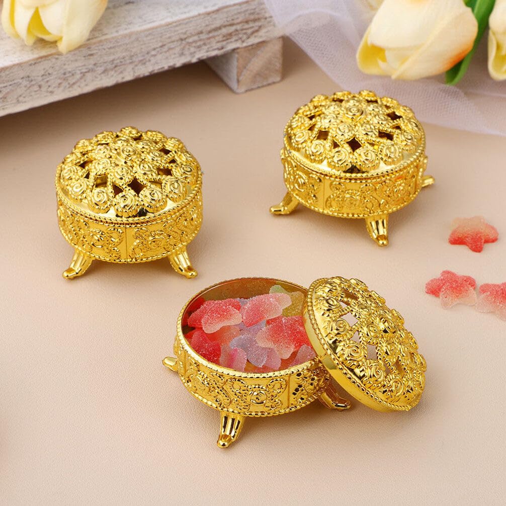 Cabilock Vintage Round Candy Box, 20pcs Plastic Jewelry Box, Candy Holder, Wedding Favor Box, Hollow Jar, Rose Embossed Box Bowl for Party Baptism Trinket Gold