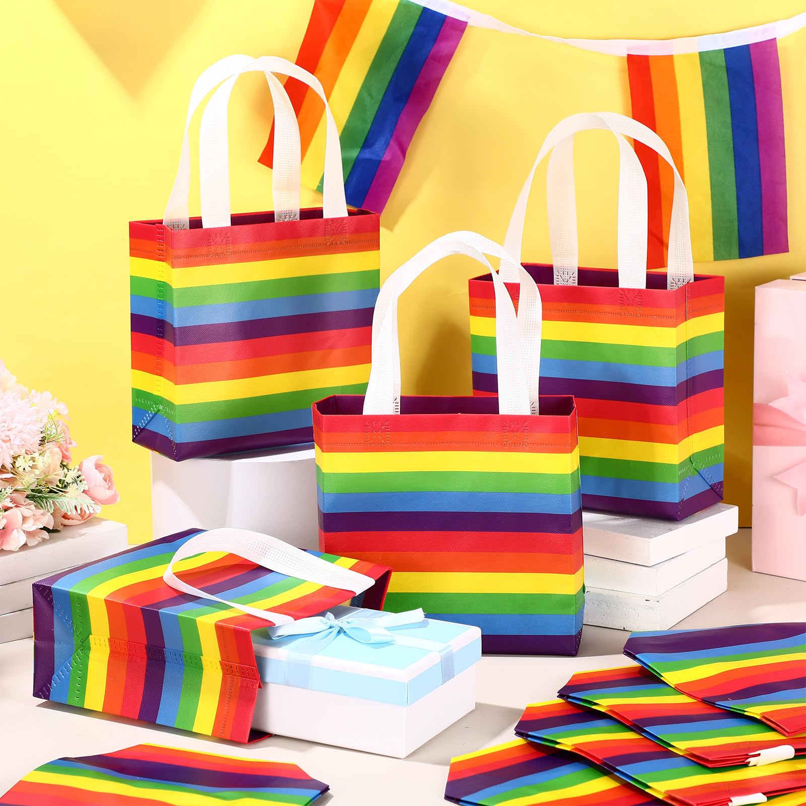 50 Pcs Gay Pride Day Gift Bags Bulk Reusable Tote Bags with Handle, Rainbow Striped Non Woven Flat Bottom Tote for Wedding Birthday Lgbt Awareness Month Party Supplies (Rainbow)