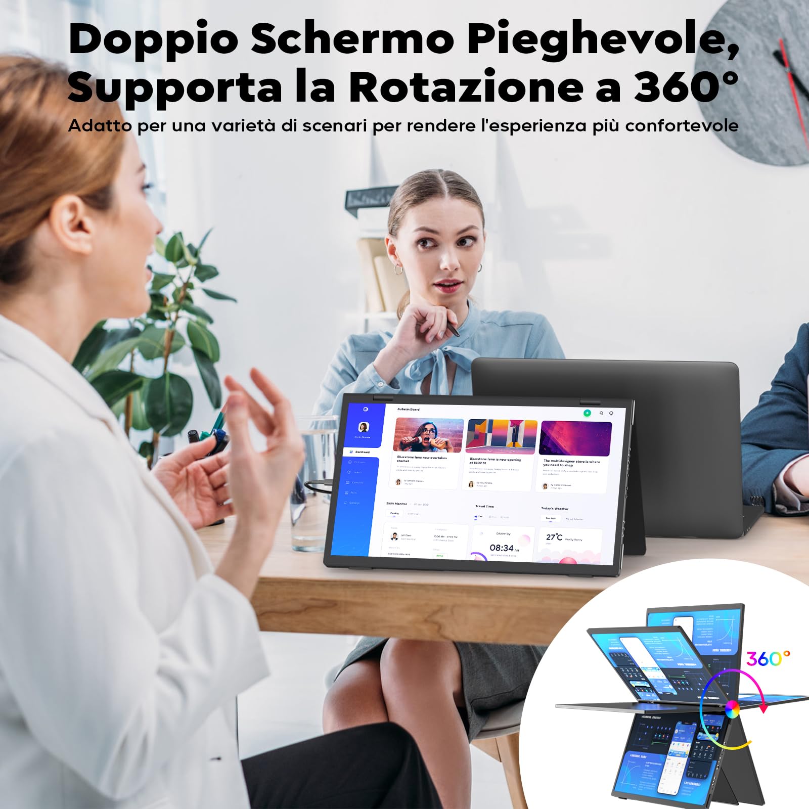 HONGO 15.6" Monitor Portatile, Doppio Schermo Portatile FHD 1080P, Folding Triple Monitor Supporto Wins/Mac con USB Tipo C, 100% sRGB Laptop Monitor Automatica di 180°/360° Nessun Driver Richiest