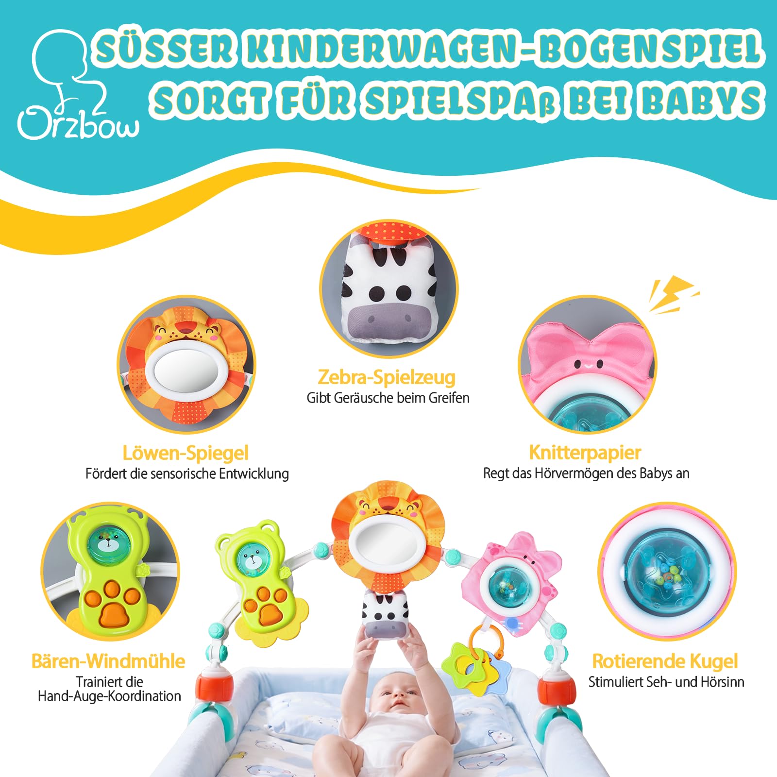Orzbow Spielbogen Baby, 6-in-1 Kinderwagen Spielzeug Baby mit Sensorik Spielzeug zur Entwicklung motorischer Fähigkeiten, Mobile für Kinderbett, Babywippe & Babyschale für 0-12 Monate, Löwe