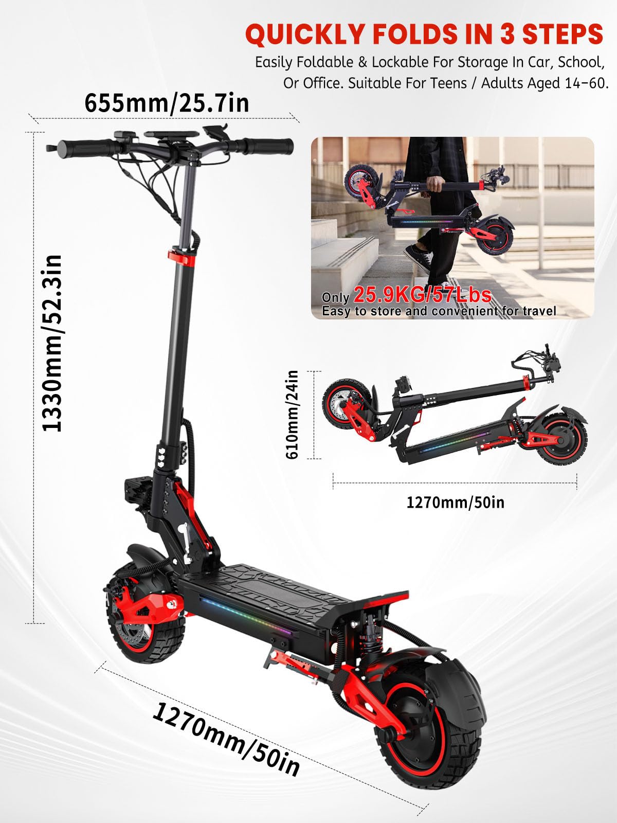 1600W Patinete Eléctrico Adultos Plegable Autonom 45-55KM,48V/18Ah Batería | Ruedas 10.5" Todoterreno Electric Scooter Doble Frenado Sistema Patinete Electrico Plegable Capacidad Carga 150kg 25km/h