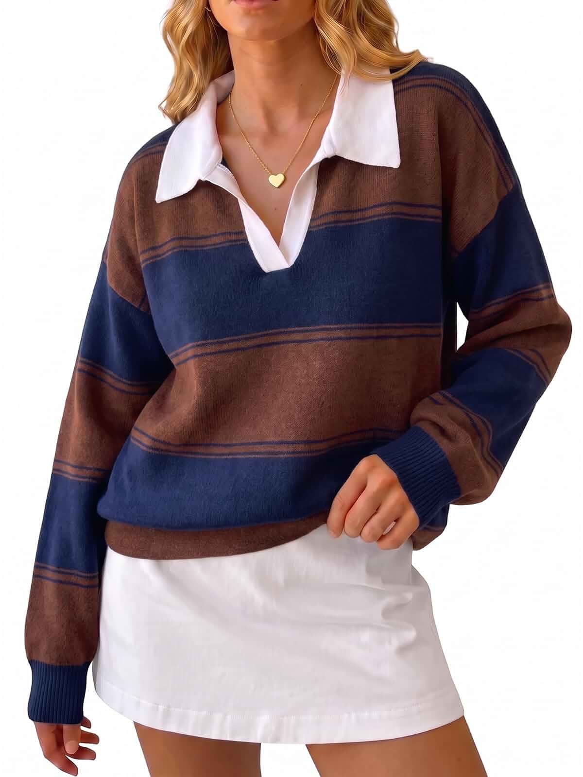 Cicy Bell Women Striped Sweater Polo V Neck Long Sleeve Pullover Knit Tops Color Block, Trendy Casual, Loose Fit, Fall Winter, Warm Sweater, Collar Lapel
