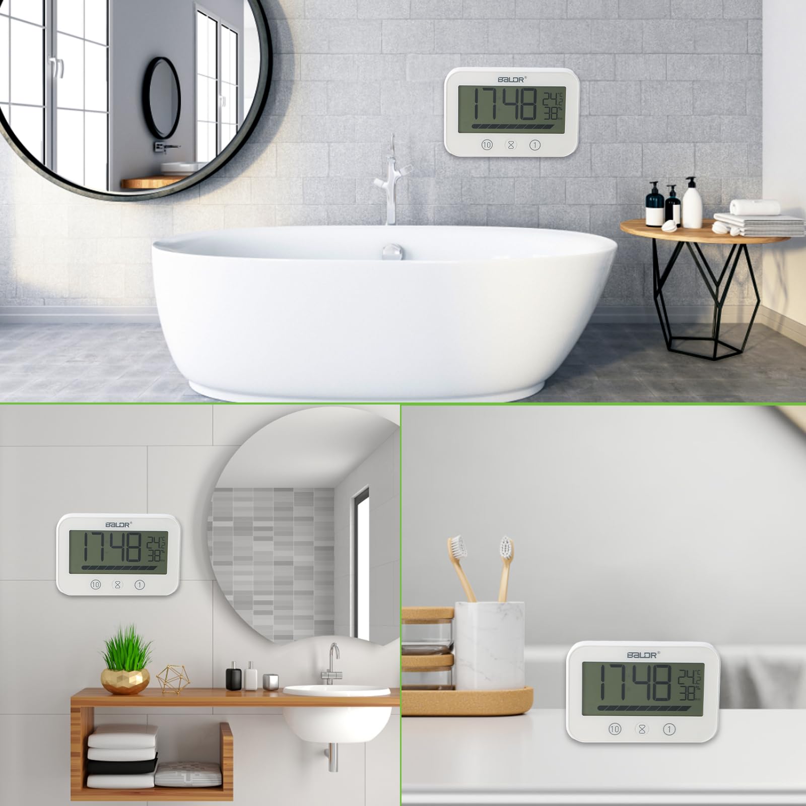 Orologio da Bagno Impermeabile con Timer per Doccia - Display Digitale di Temperatura e Umidità, Timer da Cucina a Batteria