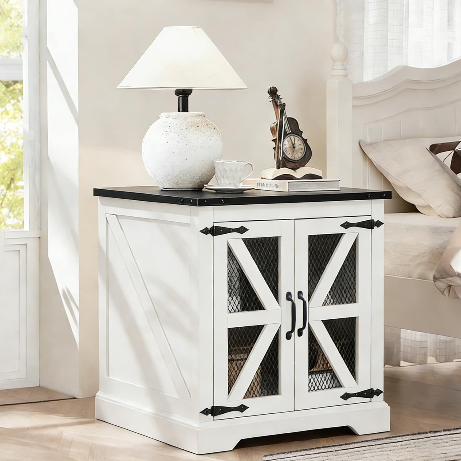 Farmhouse End Table Set with Charging Station, Living Room Tables with Hidden Storage, Wood Square Sofa Bedside Tables, Night Stand with Power Outlet and Door, White and Black