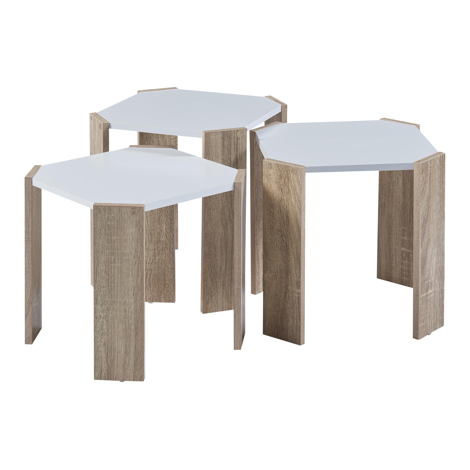 [en.casa] Ensemble de 3 Tables Basses Gigognes Lot de 3 Tables d'Appoint de Hauteurs Différentes Plateau Carré Panneau de Particules 37-42 x 39 x 39 Blanc Effet Chêne